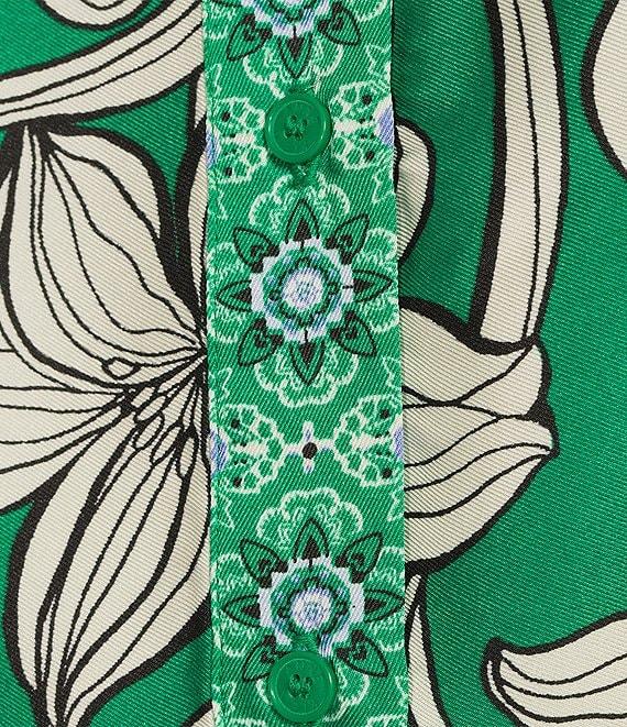 Anne Klein Satin Floral Print Point Collar Neck Long Sleeve Button Front Waist Tie Shirt Mini Dress Product Image