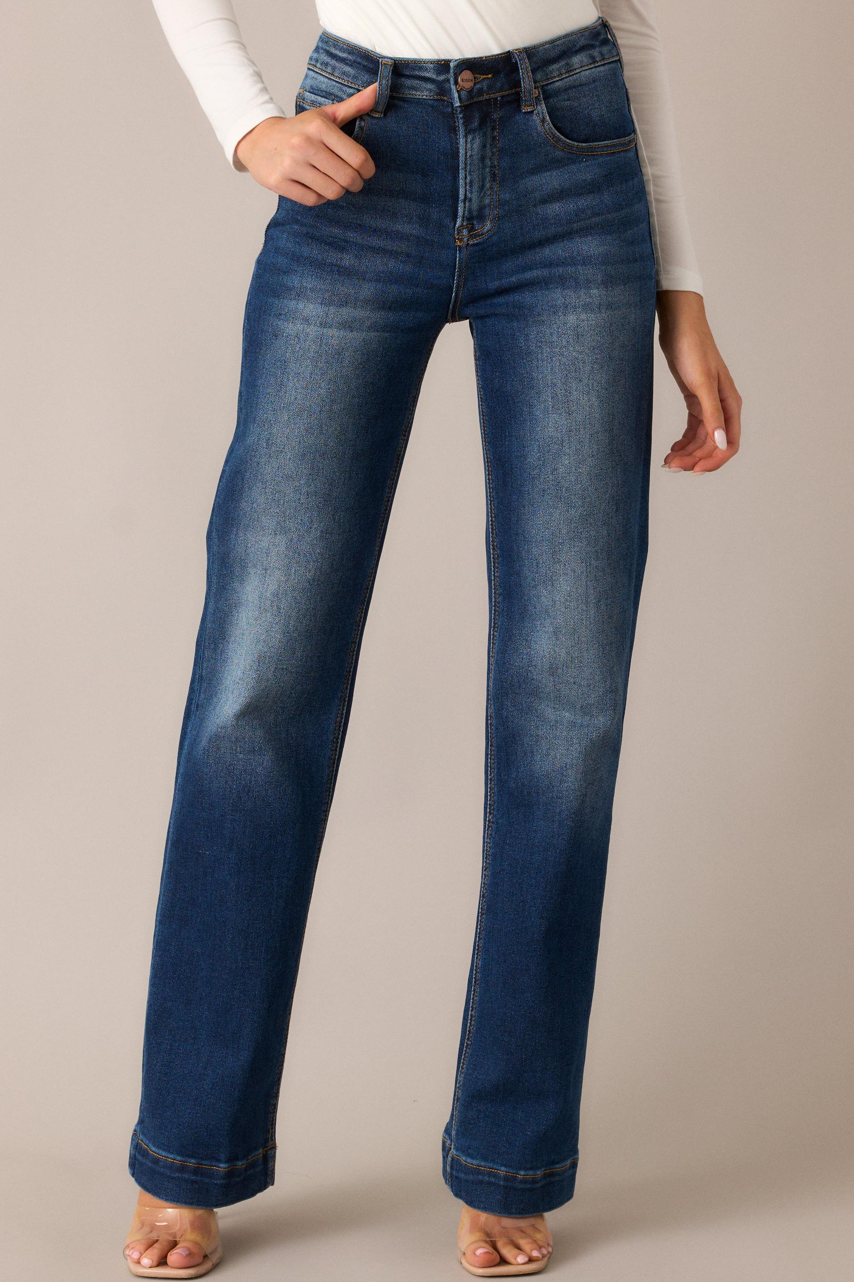 New Moon Rising Dark Wash Mid Rise Straight Leg Jeans Product Image