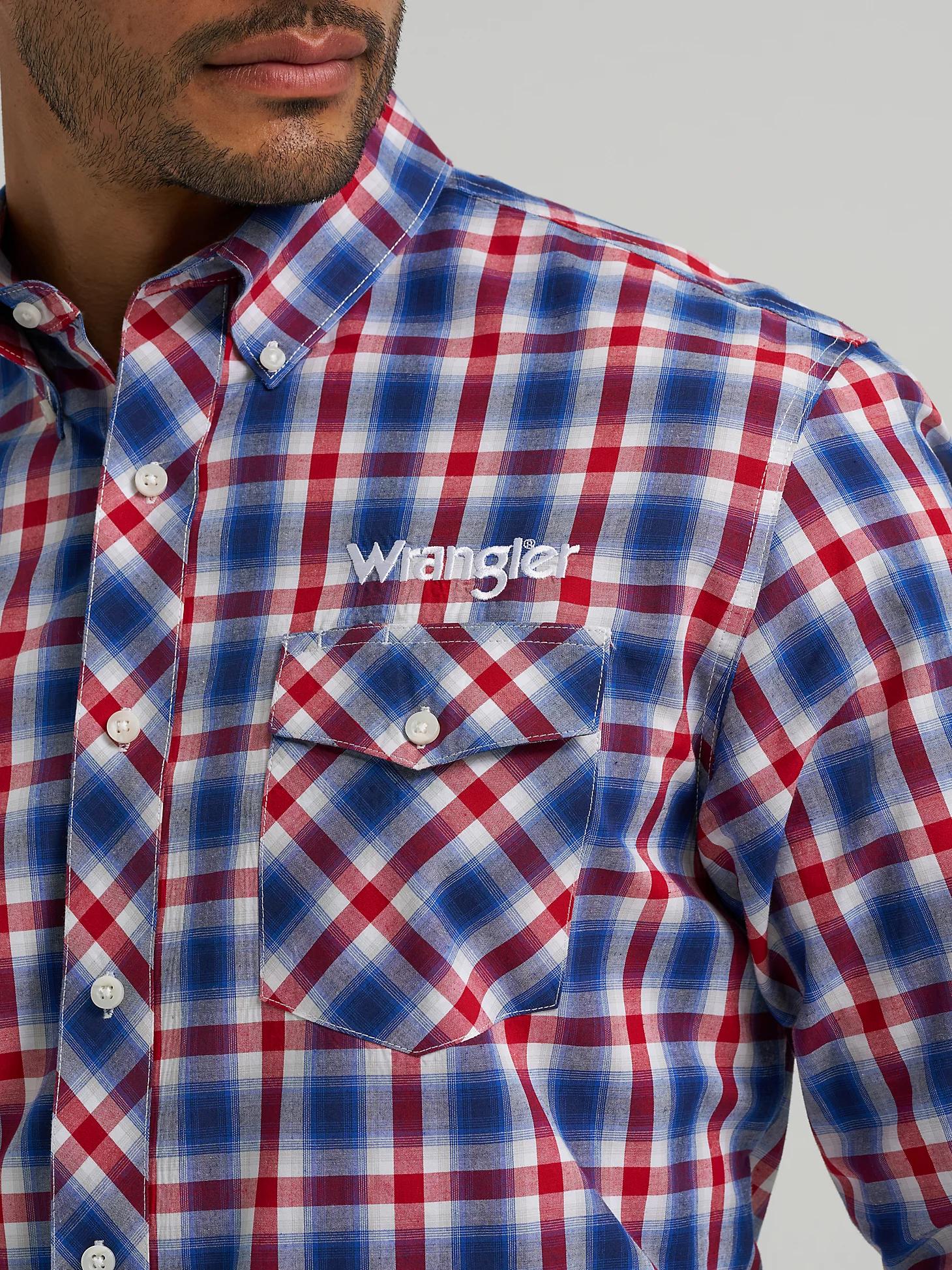 Men's Wrangler® Logo Long Sleeve Button-Down Plaid Shirt in Americana Product Image