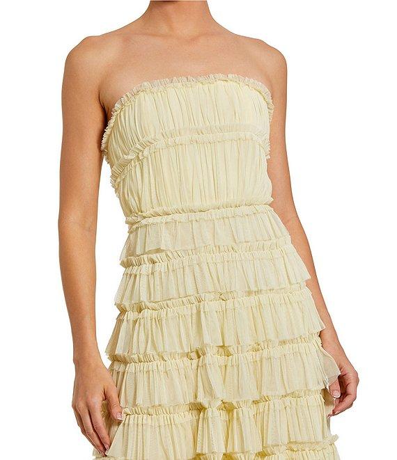 Mac Duggal Strapless Tiered Micro Ruffle Mesh A-Line Midi Dress Product Image