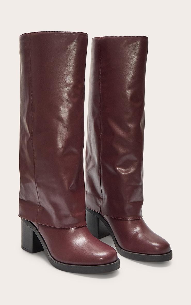 Burgundy PU Round Toe Fold Over Low Block Heeled Boots Product Image