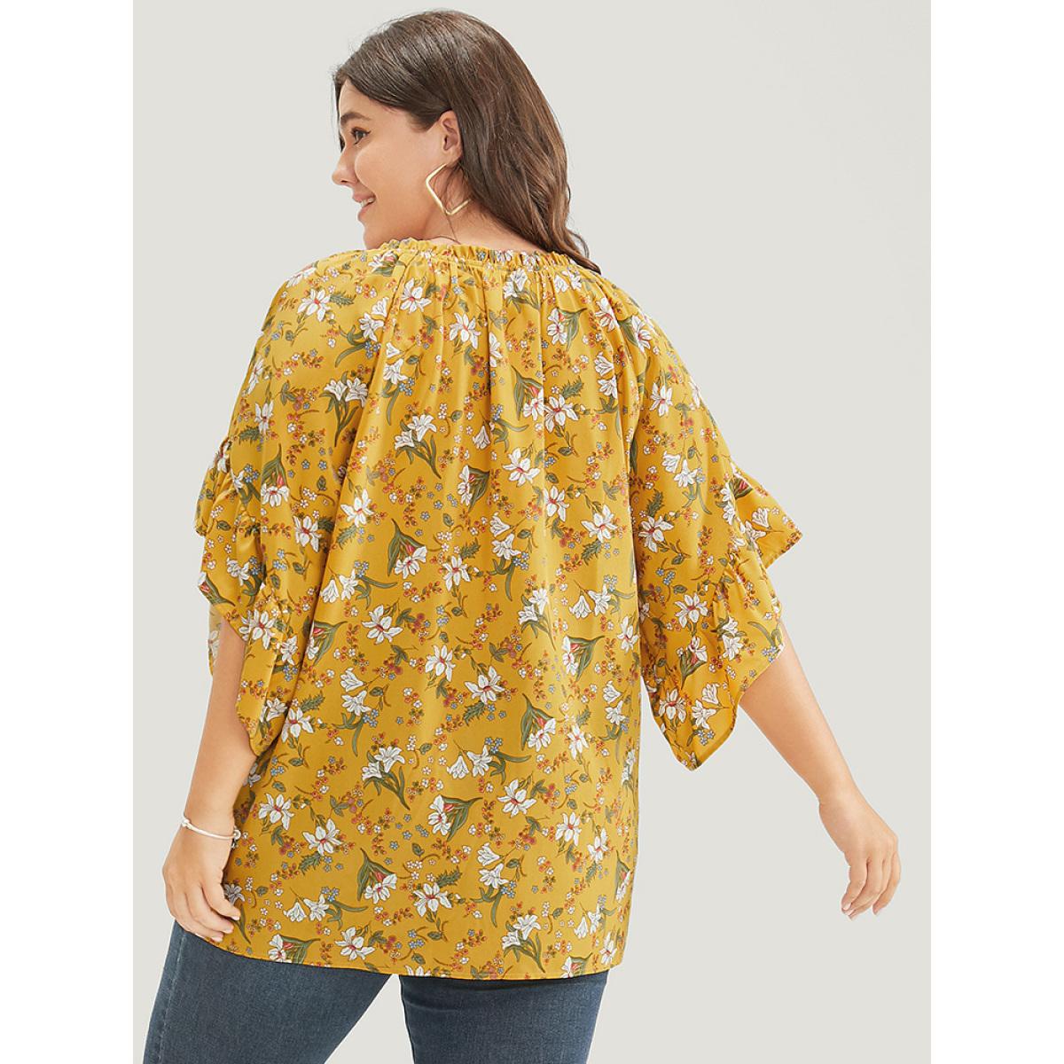 Plus Size Yellow Floral Tie Neck Tassels Frill Trim Ruffle Sleeve Blouse Women Elegant Short sleeve V-neck Dailywear Blouses BloomChic 14-16/1X Product Image