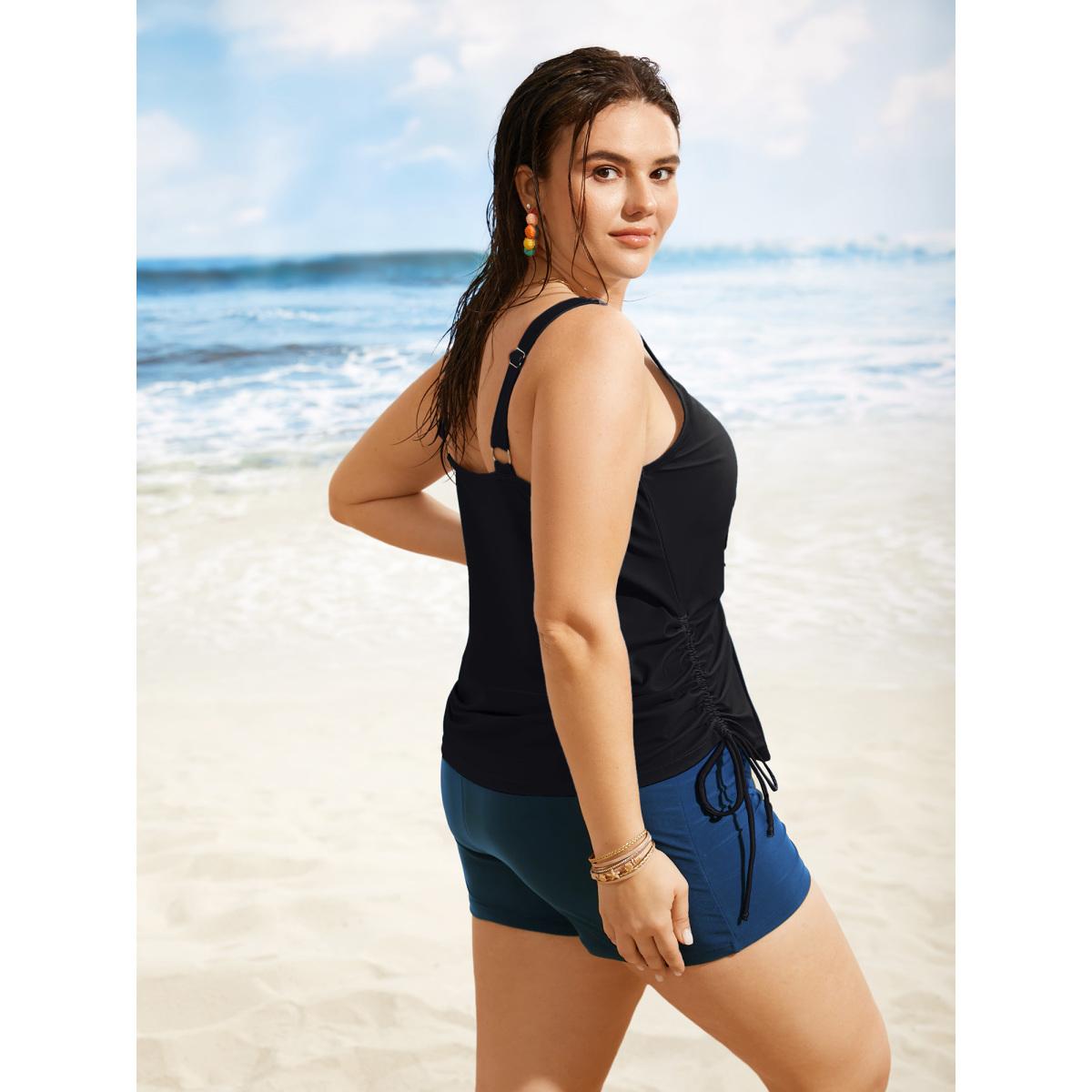 Plus Size Island Print Drawstring Adjustable Swim Top Women's Swimwear Black Beach Contrast High stretch Loose U-neck Curve Swim Tops BloomChic 10/M Product Image