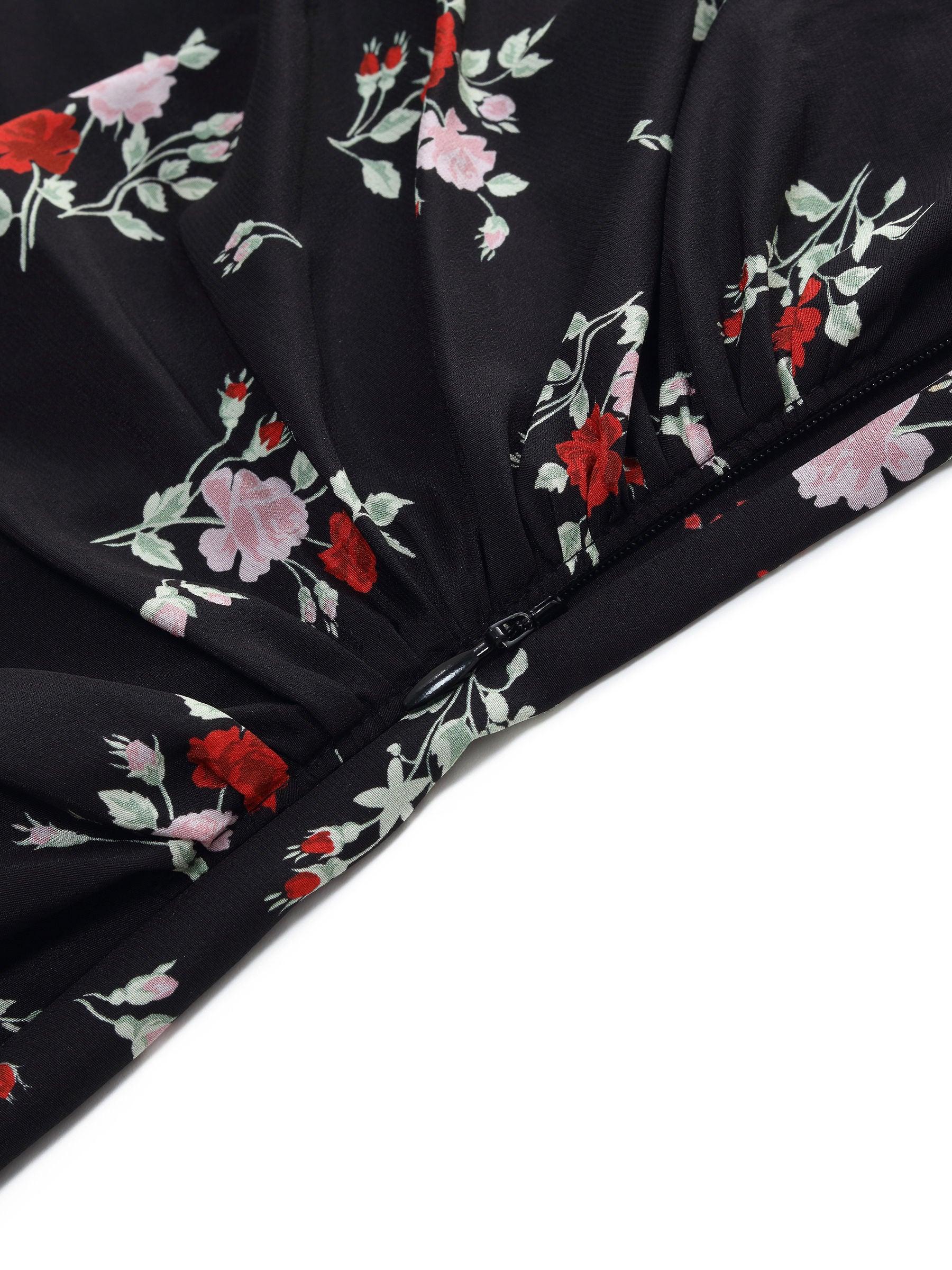 16MM Mulberry Silk Rose Print Women Qipao Midi Dress Product Image
