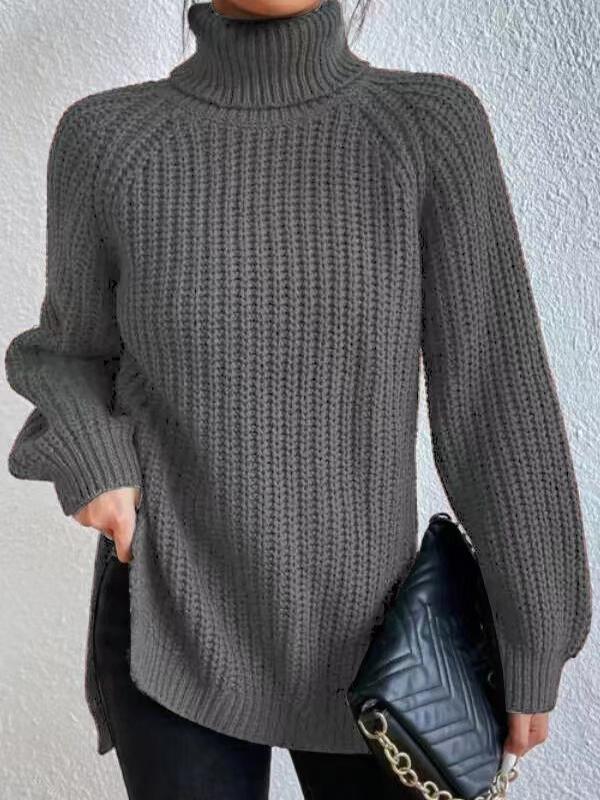 Long Sleeves Loose Solid Color Split-Side High Neck Pullovers Sweater Tops Product Image