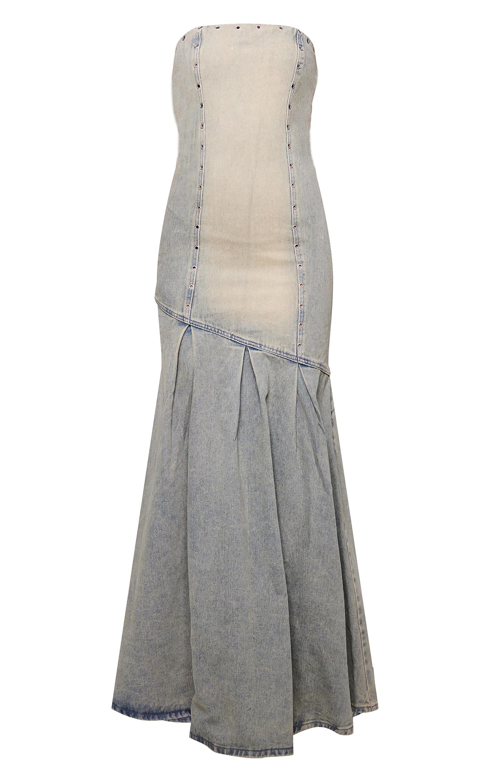 Vintage Wash Green Tint Studded Seam Detail Frill Hem Denim Maxi Dress Product Image