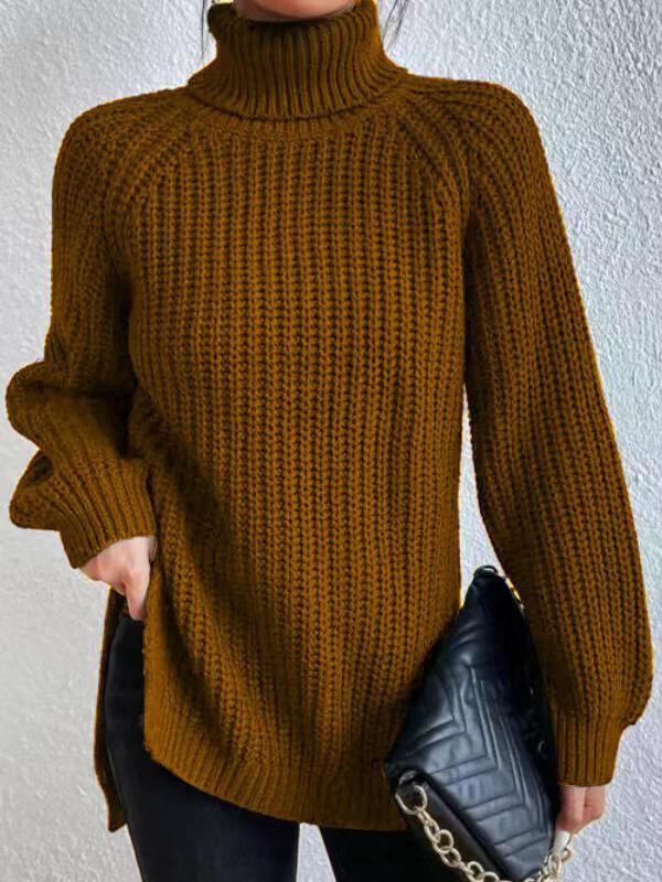 Long Sleeves Loose Solid Color Split-Side High Neck Pullovers Sweater Tops Product Image