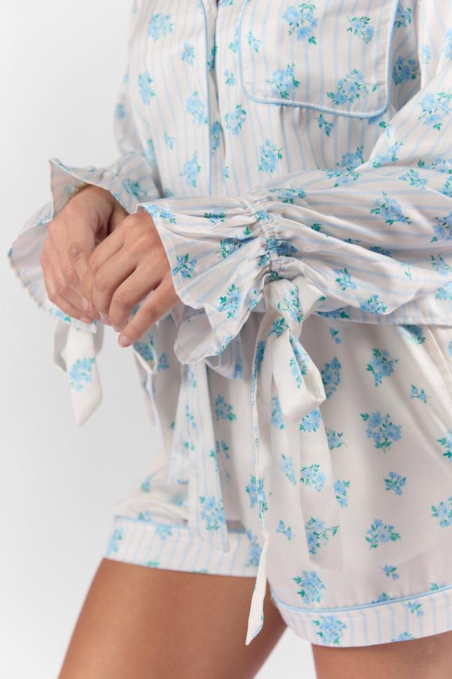 Sleep On My Side Blue Floral Satin Long Sleeve Pajama Top FINAL SALE Product Image