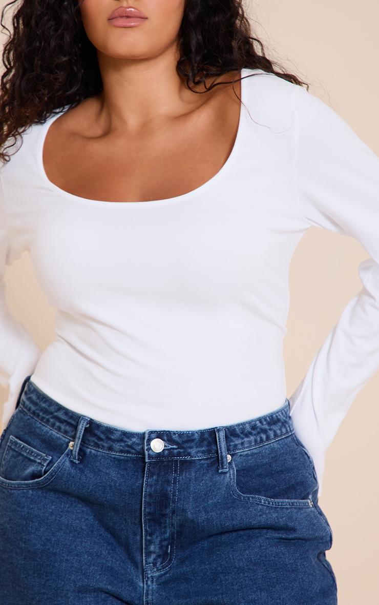 Plus White Soft Cotton Scoop Neck Long Sleeve Bodysuit Product Image