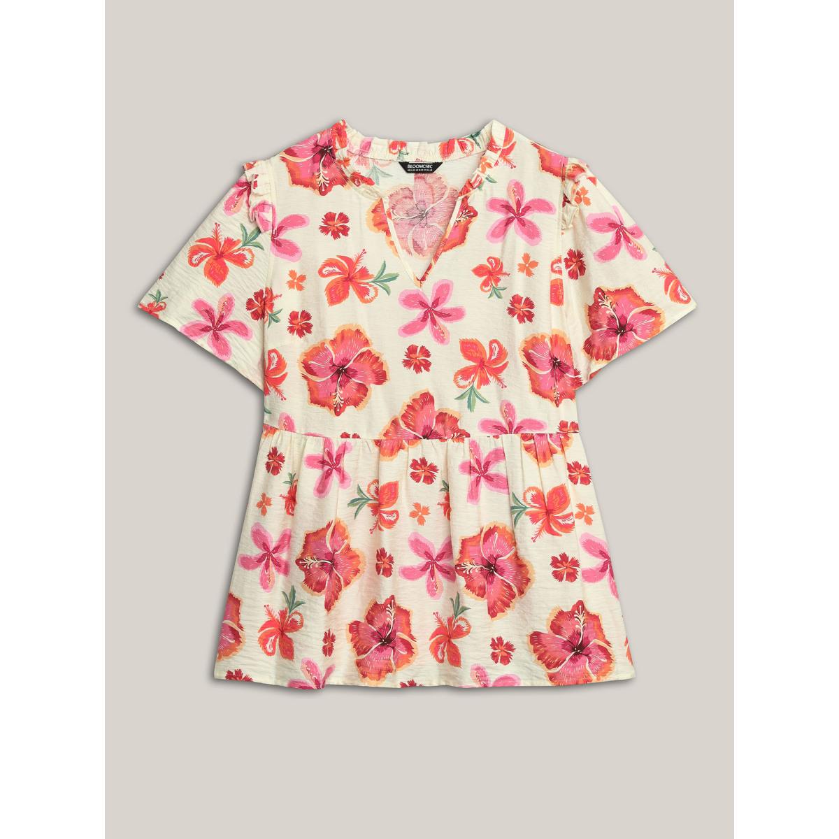 Plus Size Multicolor Large Floral Print Notched Collar Blouse Women Short sleeve Notched collar Vacation Blouses BloomChic 18-20/2X Product Image