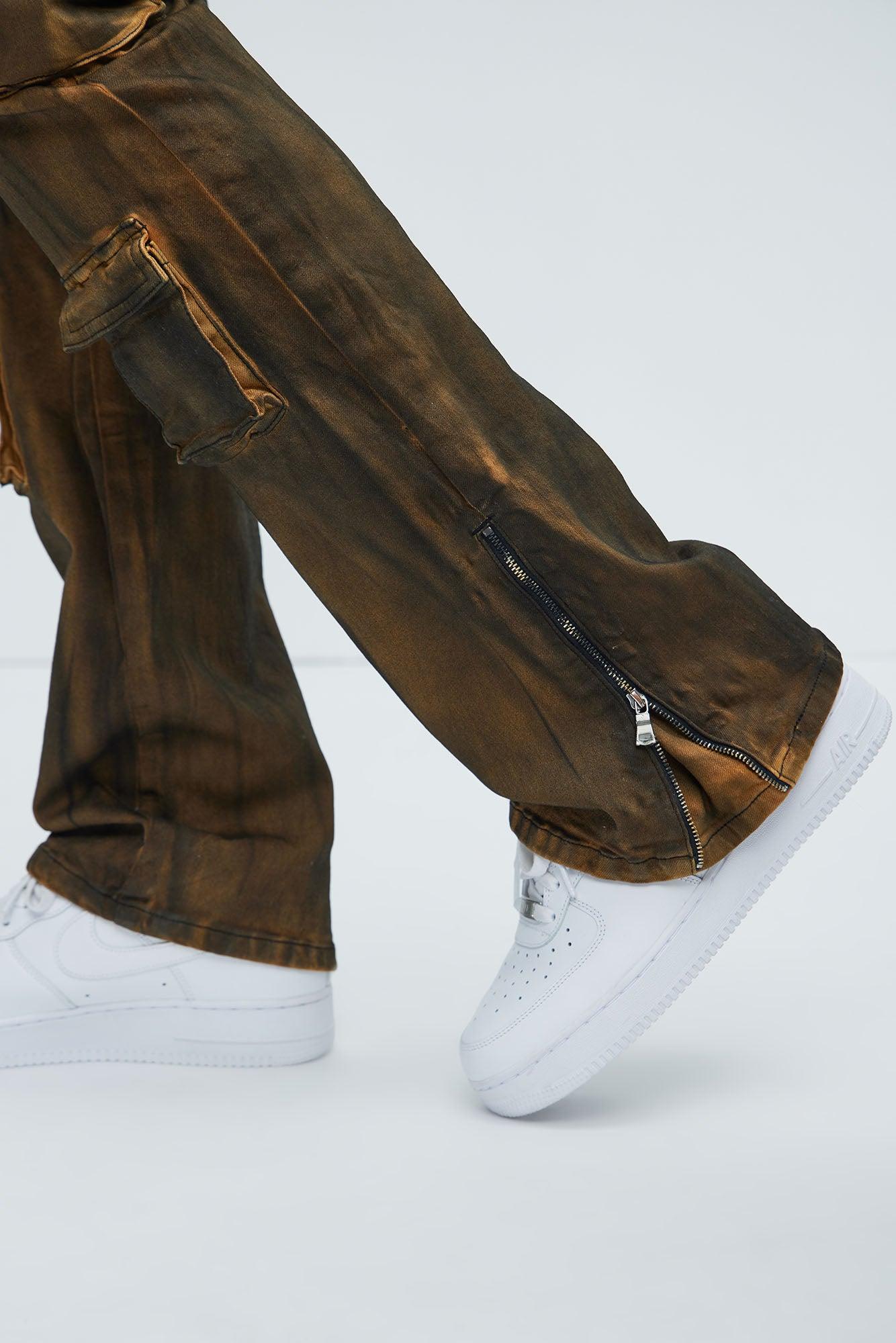 Pocket Me Cargo Stacked Skinny Zipper Flare Jeans - Brown Product Image