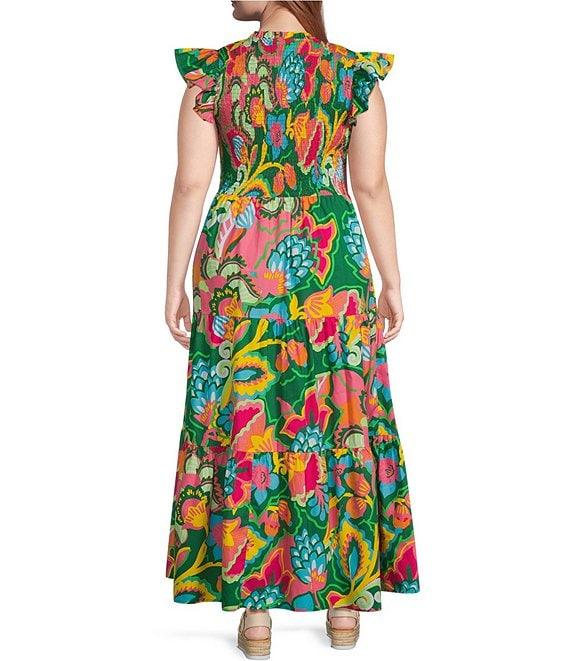Sugarlips Plus Lanai Tropics Sunfire Smocked Bodice Flutter Sleeve Tiered Poplin Midi Dress Product Image