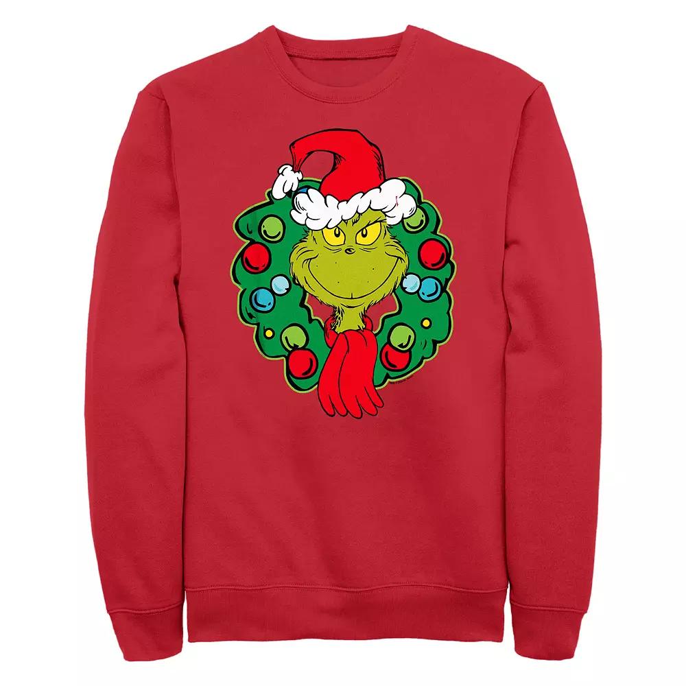 Men's Dr. Seuss Grinch Wreath Fleece Sweatshirt, Size: Medium, Red Product Image