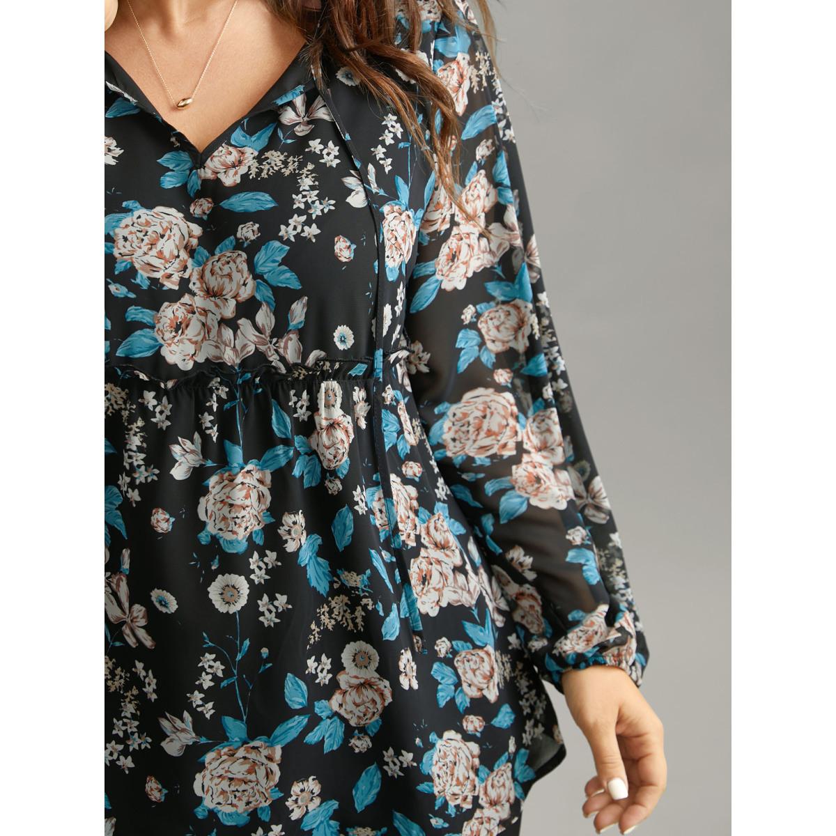 Plus Size BlackFlower Chiffon Floral Print Ties Flutter Trim Blouse Women Elegant Long Sleeve Tie Neck Work Blouses BloomChic 30/6X Product Image