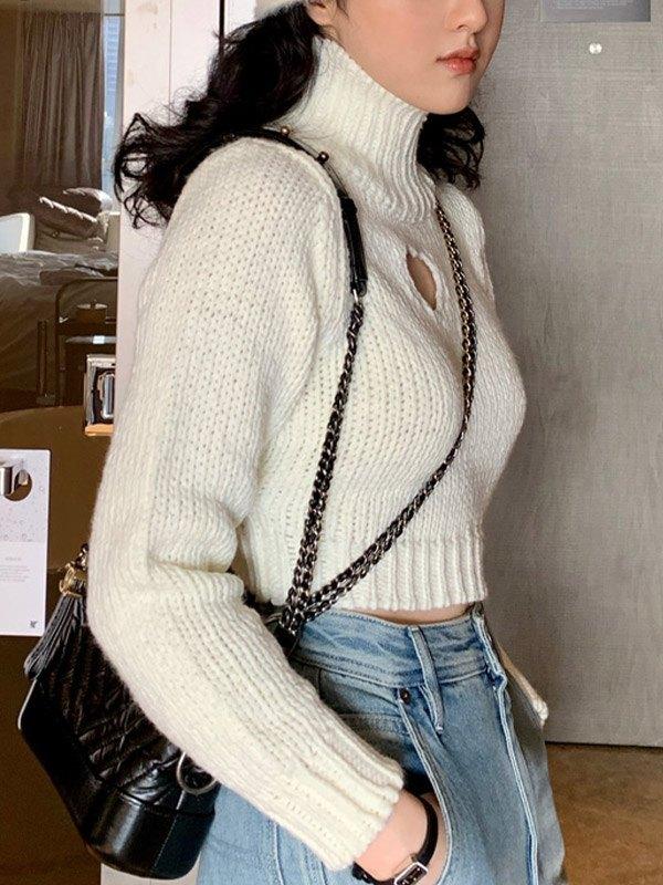 Cutout Heart Turtleneck Cropped Sweater Product Image