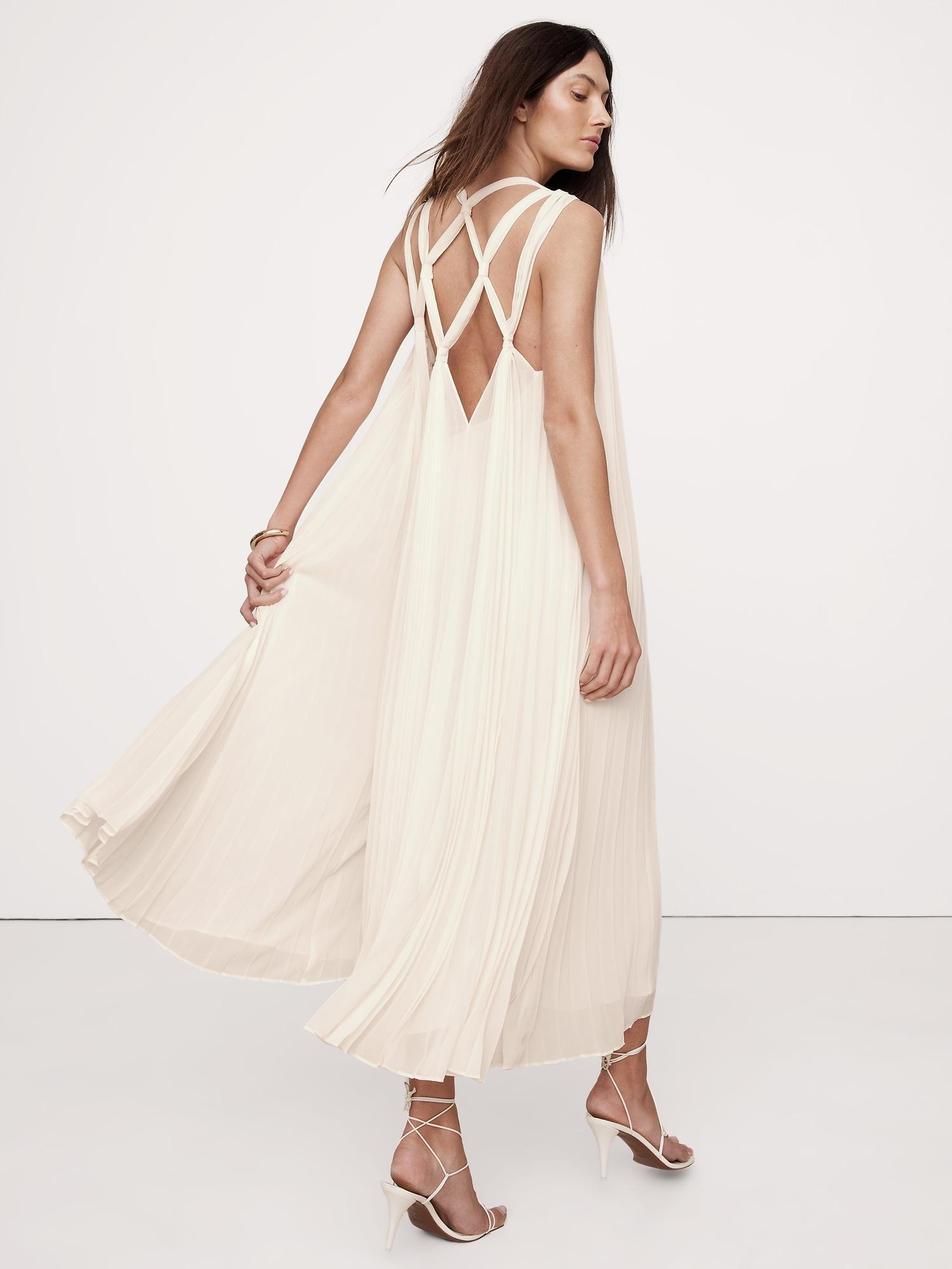 Pleated Georgette Open-Back Long Midi Dress Product Image