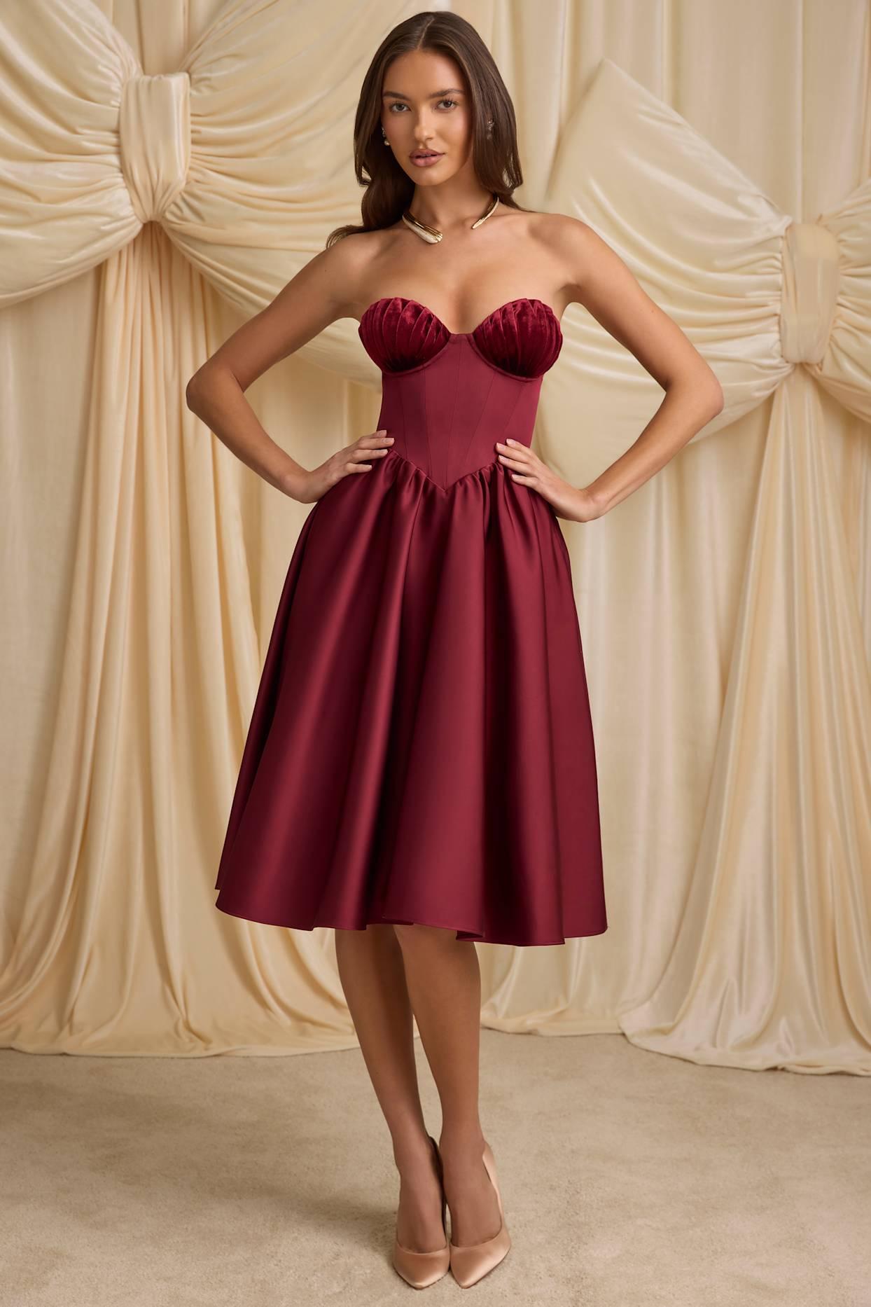 Strapless Corset Midi Dress in Wine Red Product Image