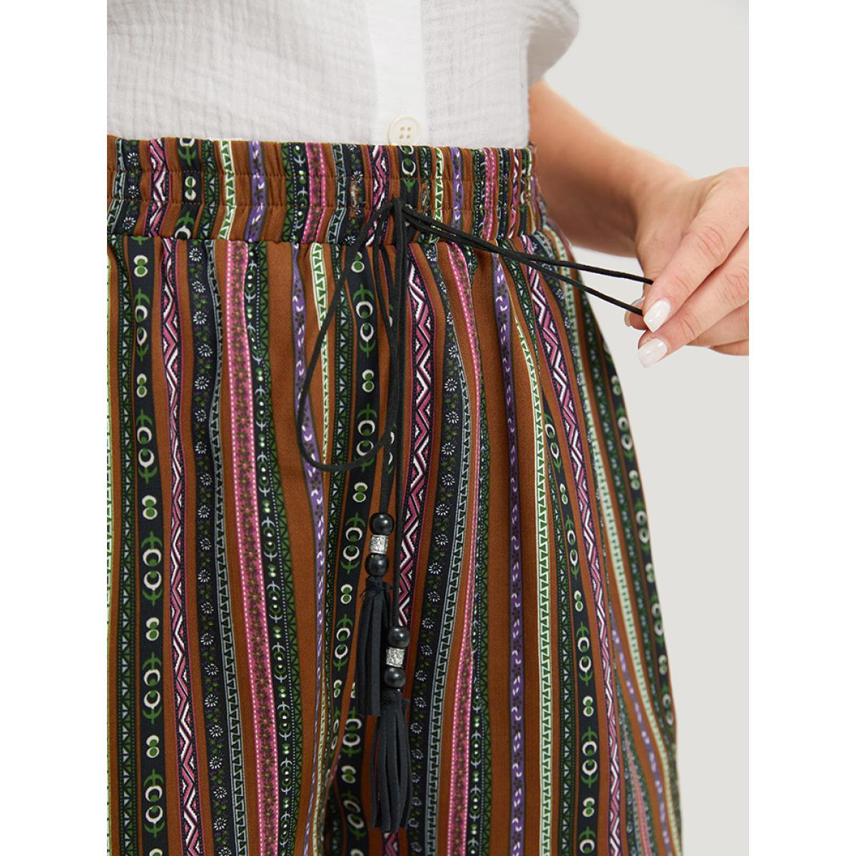 Plus Size Bandana Striped Drawstring Tassel Beaded Detail Shorts Women Multicolor Vacation Tassels Dailywear Shorts BloomChic 12/L Product Image