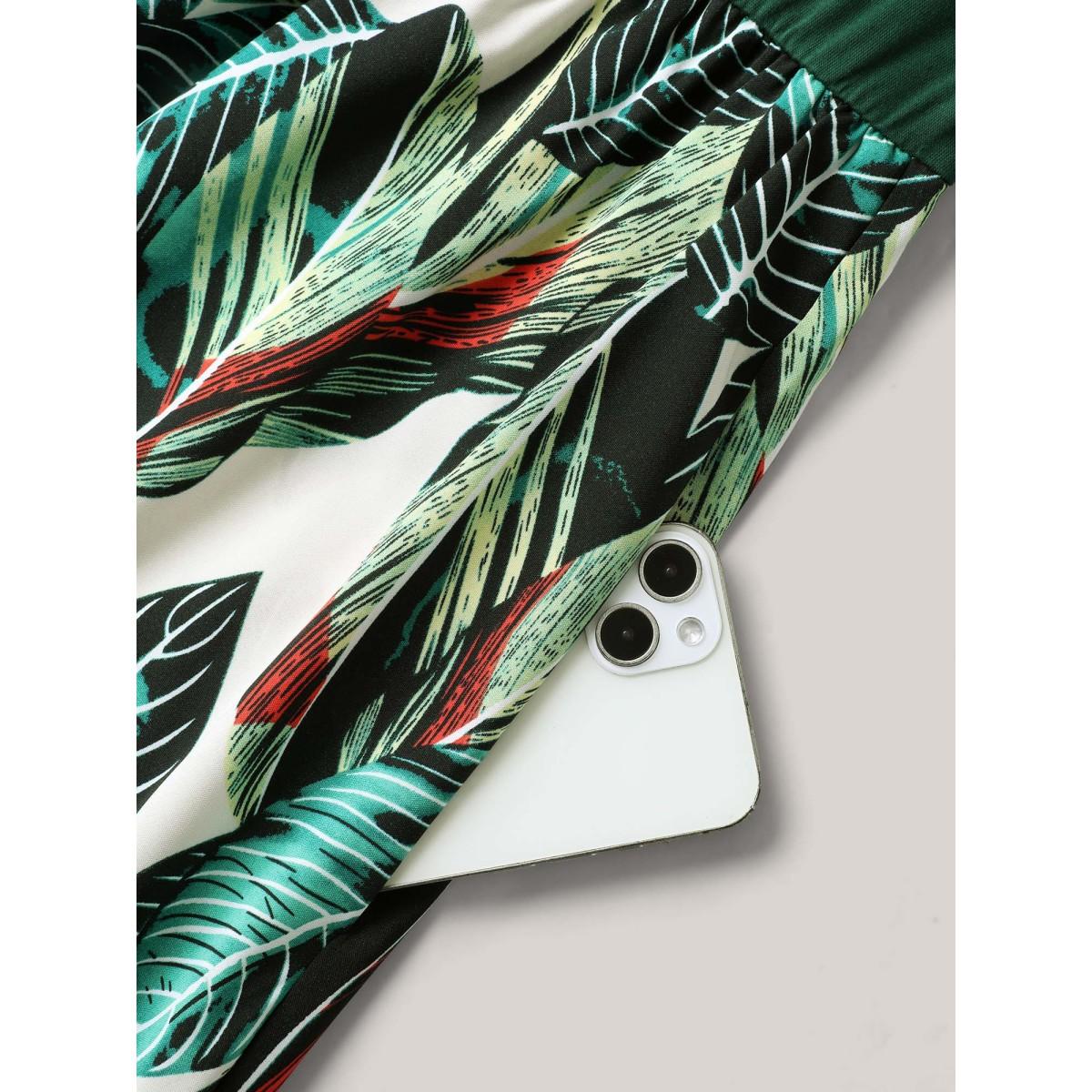 Plus Size Leafy Print Spliced Square Neck Midi Dress Truegreen Women Square Neck Short sleeve Curvy BloomChic 28/5X Product Image