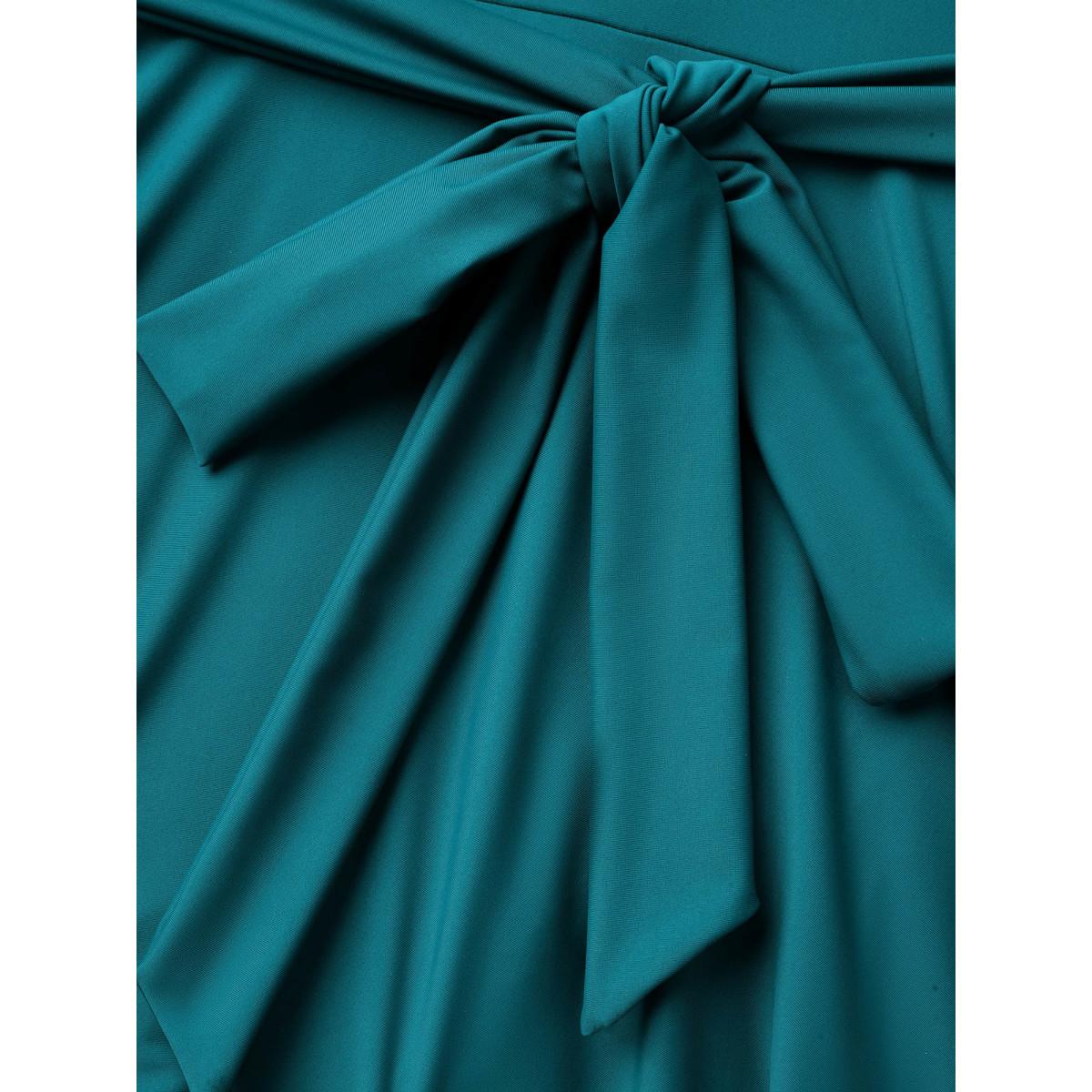 Plus Size Surplice Neck Belted Laser Cut Swim Dress Women's Swimwear Teal Beach Bodycon Overlap Collar High stretch Curve Swim Dresses BloomChic 14-16/1X Product Image