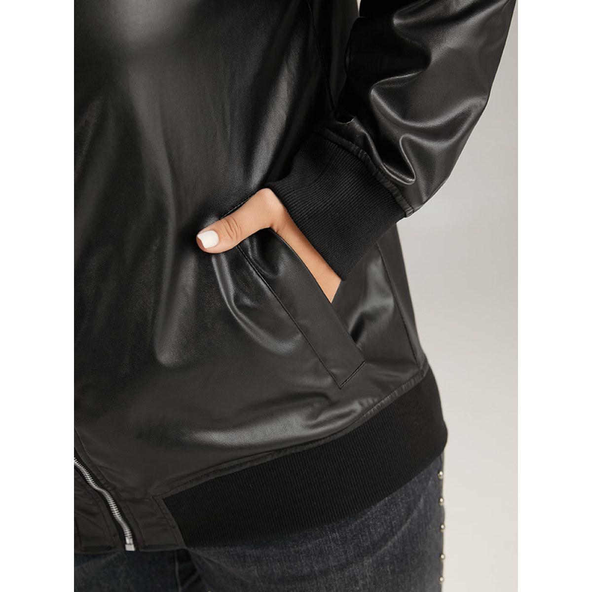 Plus Size Plain Zipper Fly Rib Knit Patchwork Jacket Women Black Elastic cuffs Pocket Dailywear Jackets BloomChic 12/L Product Image