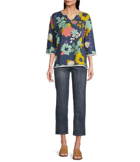 Tru Luxe Jeans French Terry Floral Notch Neck 3/4 Sleeve Top Product Image