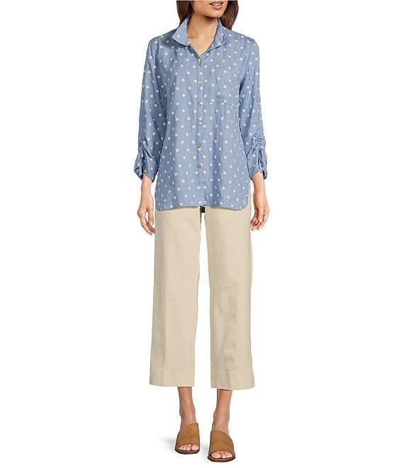John Mark Petite Size Woven Embroidery Dot Wire Collar 3/4 Ruched Cinched Tie Sleeve Button Front Blouse Product Image