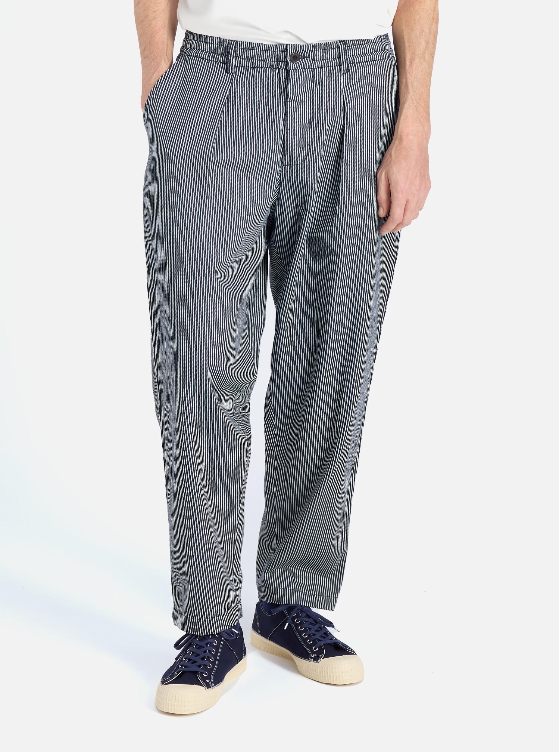 Universal Works Pleated Track Pant in Indigo Hickory Stripe Denim Product Image