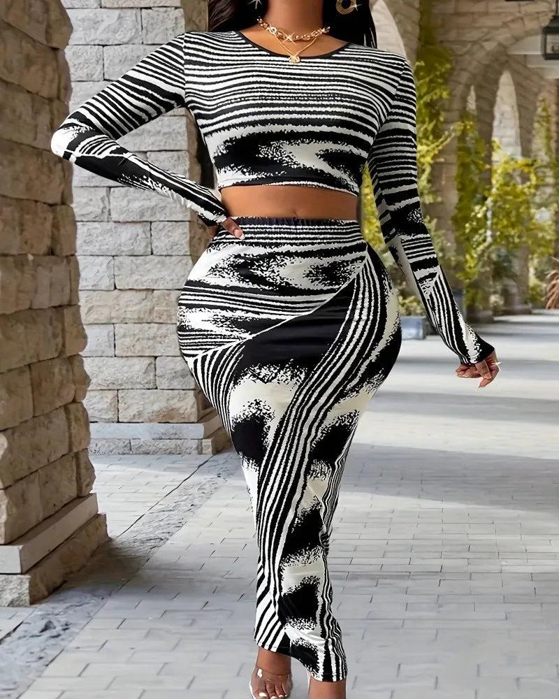 Glam Black & White Swirl Print Two-Piece High Waist Skirt Set Product Image