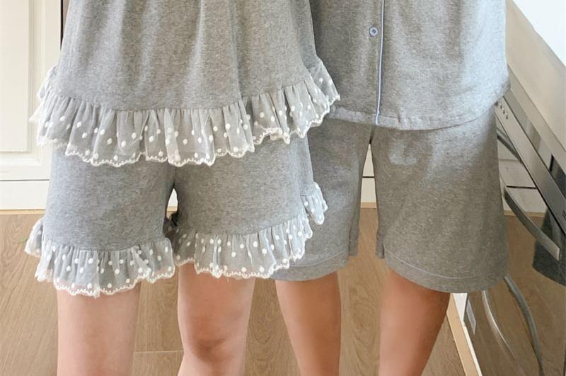 Couple Matching Short-Sleeve Lapel Collar Contrast Trim Button Pajama Top / Lace Trim Tank Top / Lounge Shorts / Set (Various Designs) Product Image