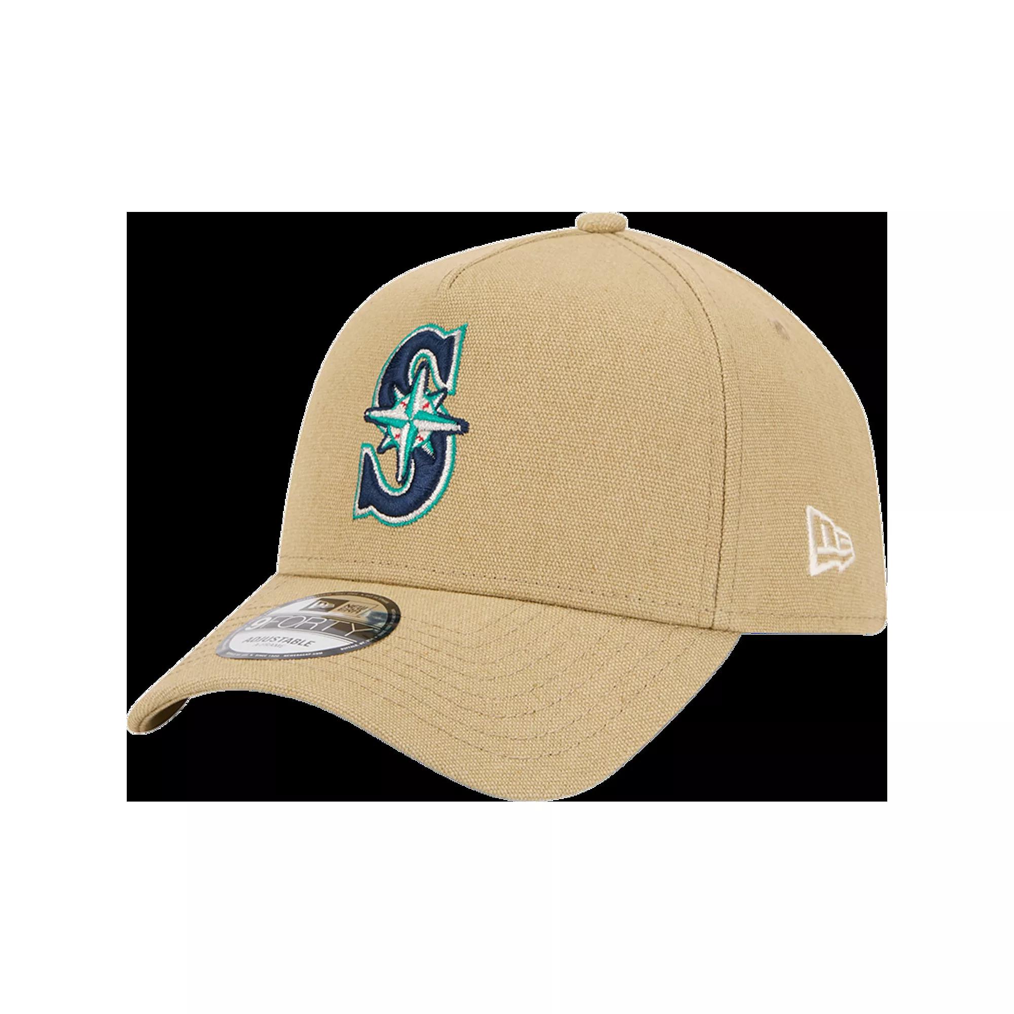 Men's New Era Khaki Seattle Mariners Logo Essentials 9FORTY A-Frame Adjustable Hat, Beig K Product Image