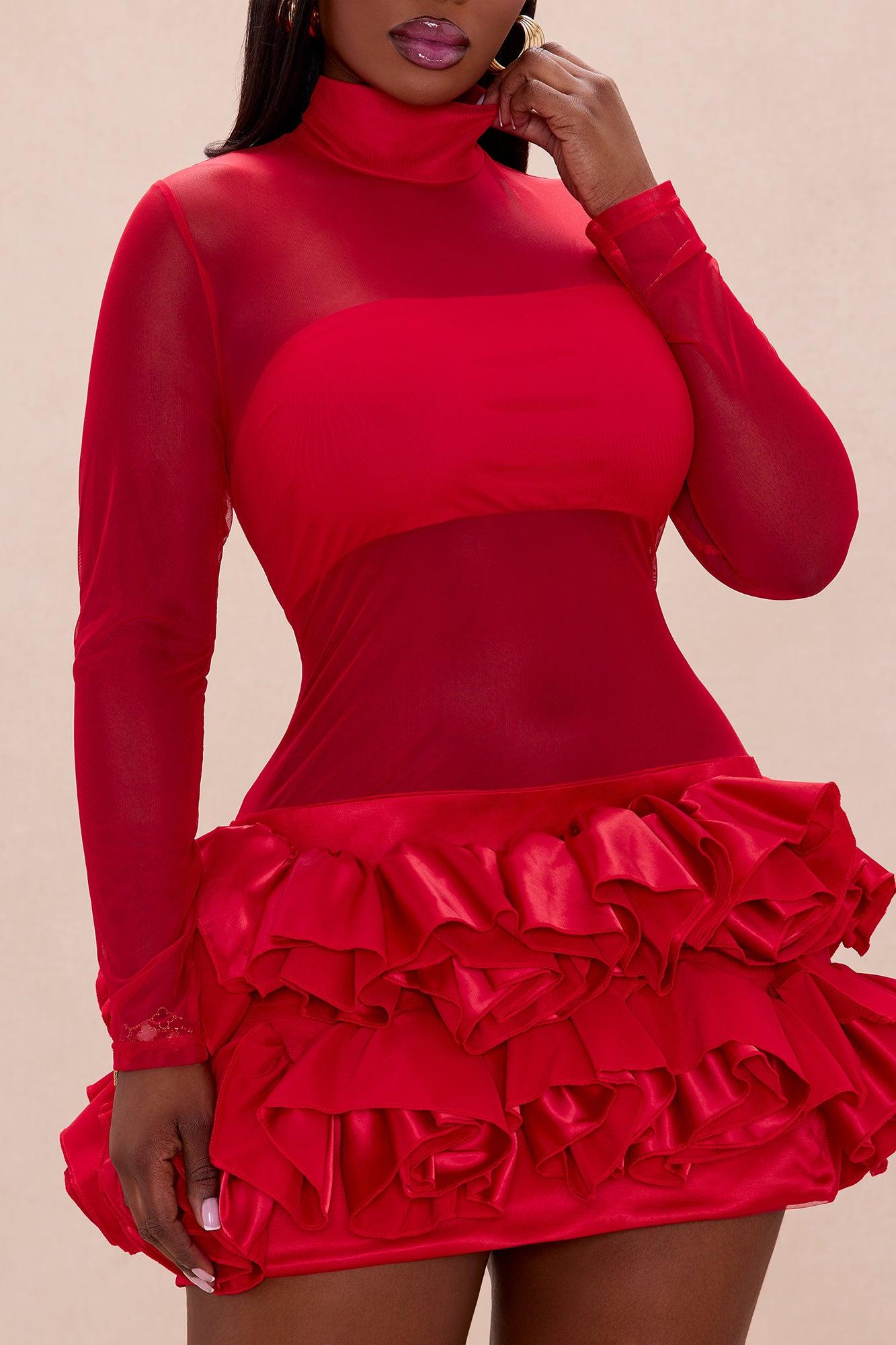 Karolina Sheer Floral Applique Mini Dress - Red Female Product Image