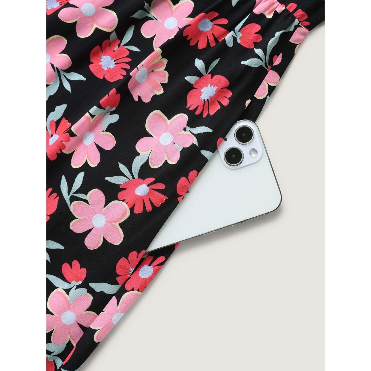 Plus Size Floral Radiance Flared Scalloped Sleeve Midi Dress BlackFlower Women V-neck Short sleeve Curvy BloomChic 28/5X Product Image