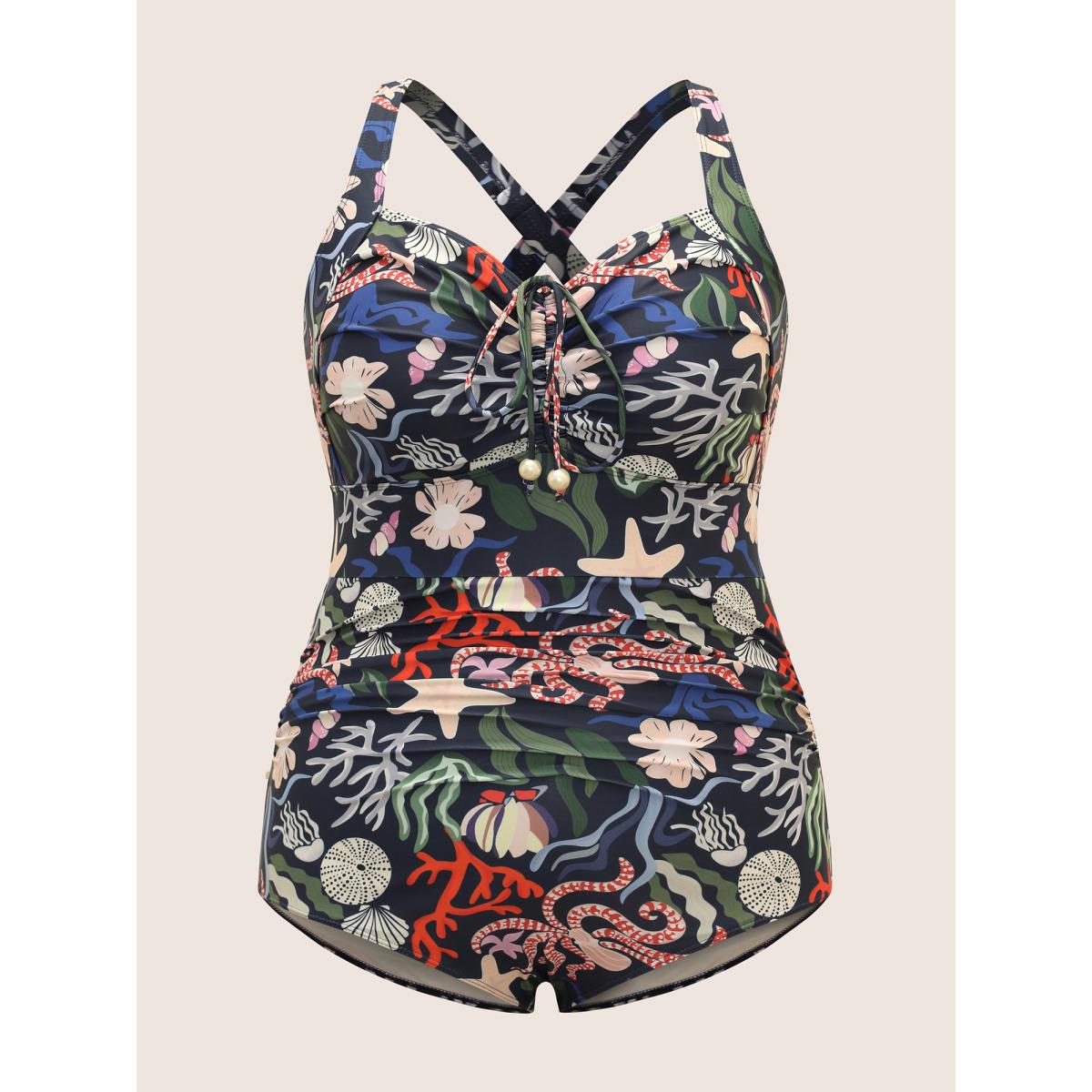 Plus Size Marine Elements Drawstring Gathered One Piece Swimsuit Women's Swimwear Multicolor Beach Gathered Curve Bathing Suits High stretch One Pieces BloomChic 18-20/2X Product Image