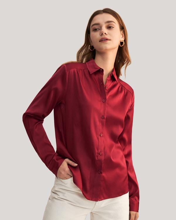 Long Sleeves Collared Silk Blouse Product Image