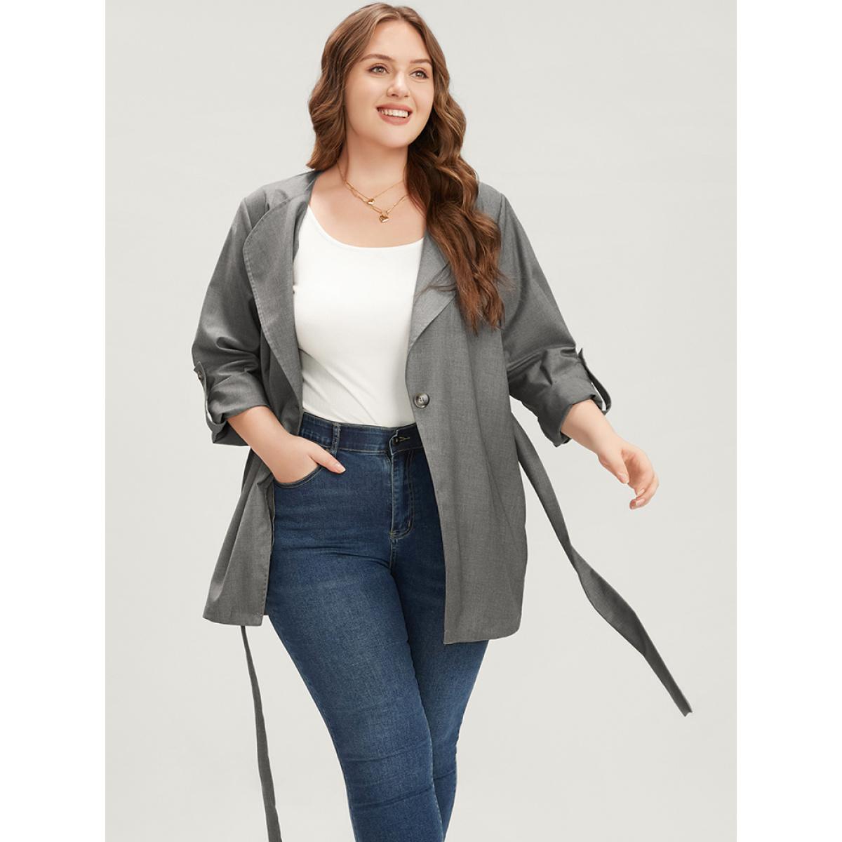 Plus Size Plain Lapel Collar Pocket Roll Sleeve Belted Coat Women Gray Office Pocket Ladies Dailywear Winter Coats BloomChic 14-16/1X Product Image