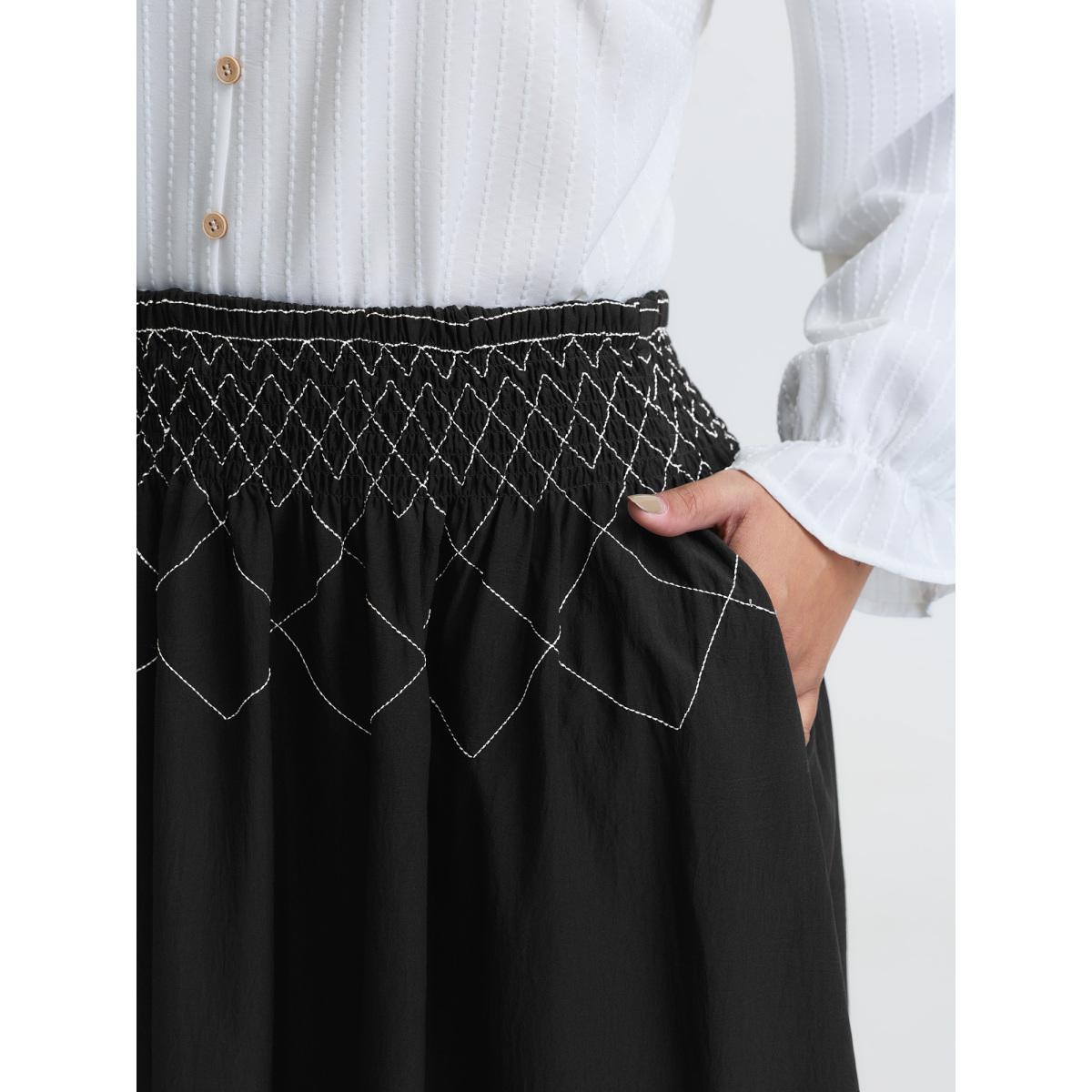 Plus Size Crisscross Waistband Shirred Midi Dress Women Black Leisure Shirred Loose No stretch Side seam pocket Casual Skirts BloomChic 12/L Product Image