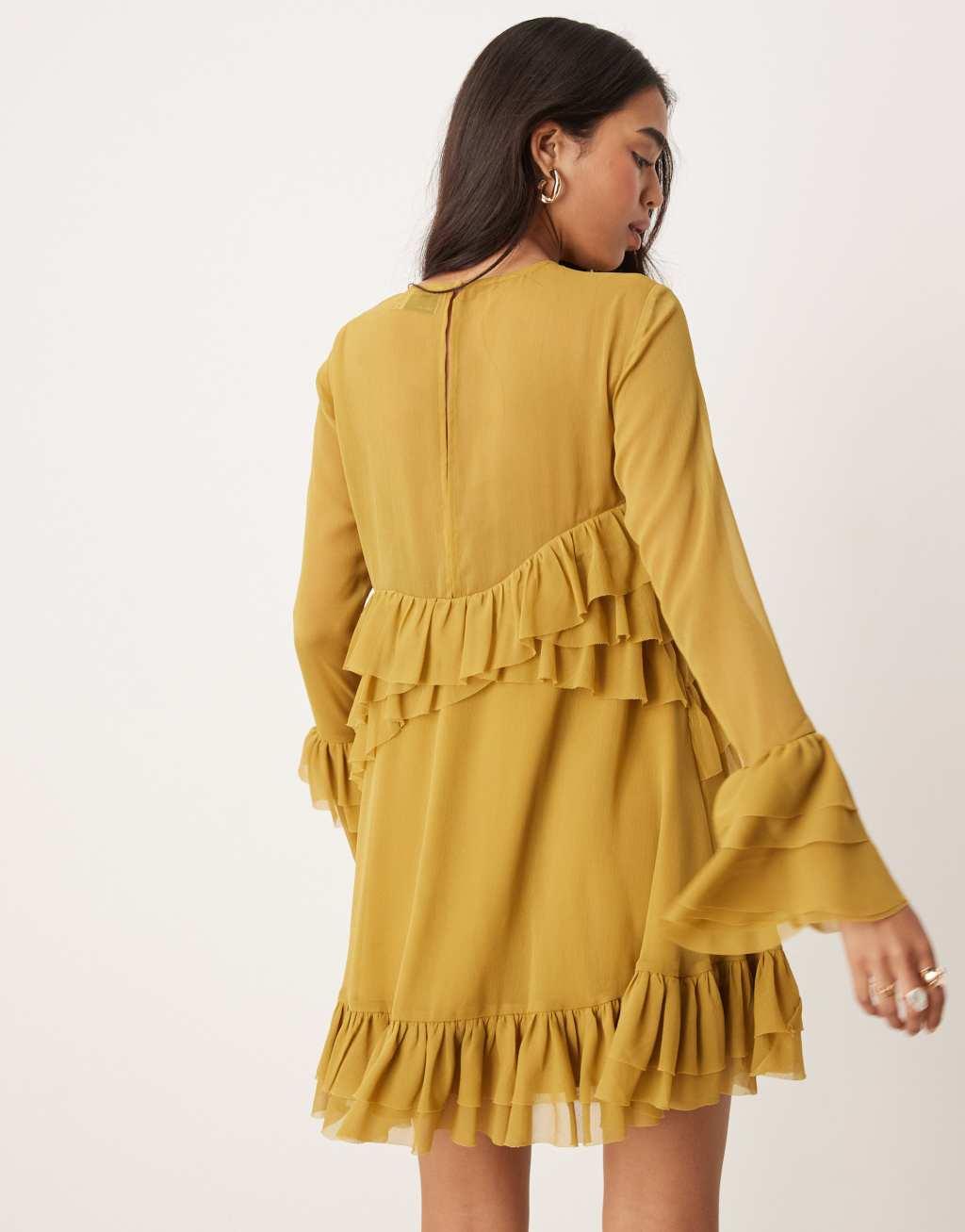 ASOS DESIGN long sleeve ruffle tiered mini dress in ochre Product Image