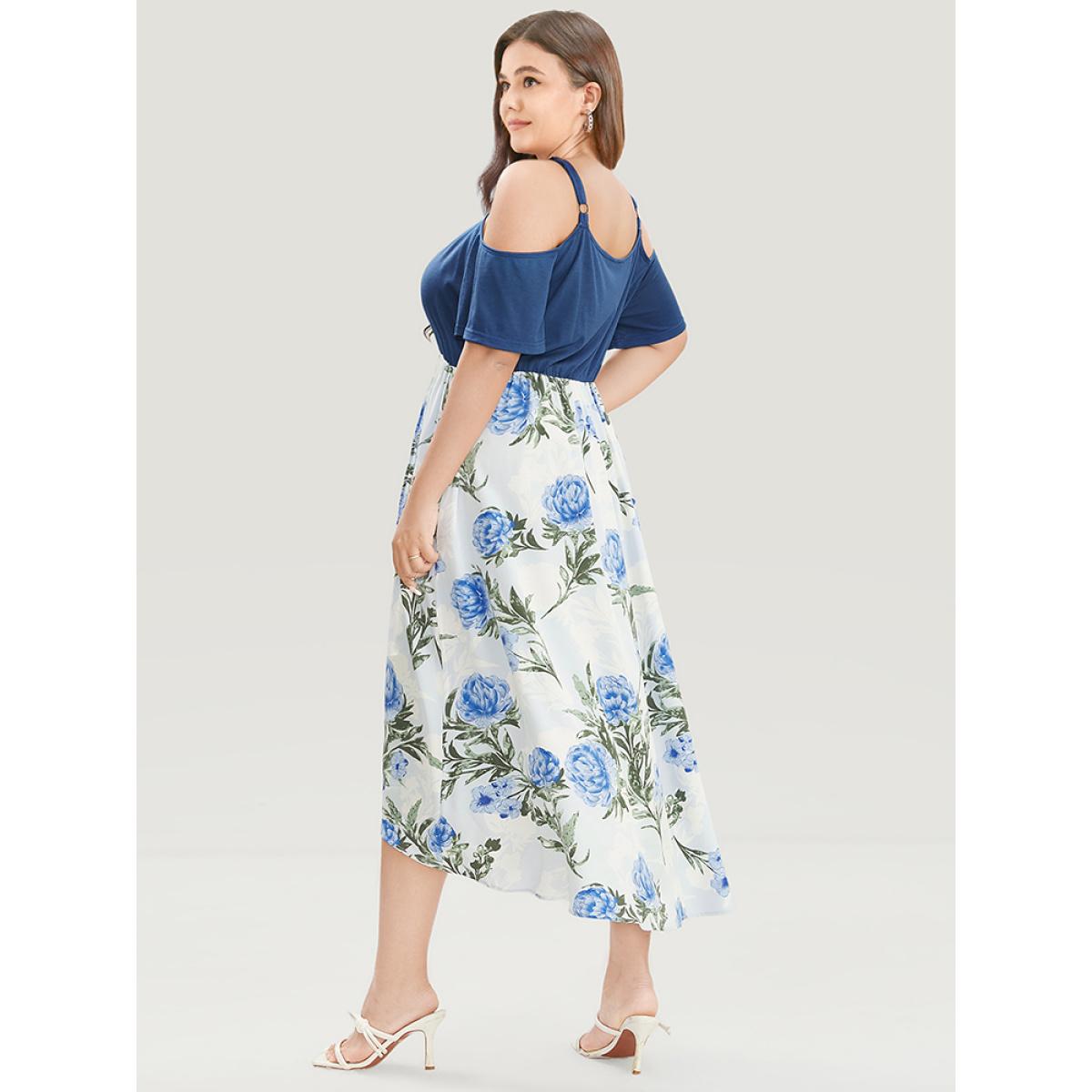 Plus Size Floral Patchwork Cold Shoulder Pocket Asymmetrical Hem Dress Indigo Women Elegant Adjustable Straps Cold Shoulder Short sleeve Curvy Midi Dress BloomChic 10/M Product Image