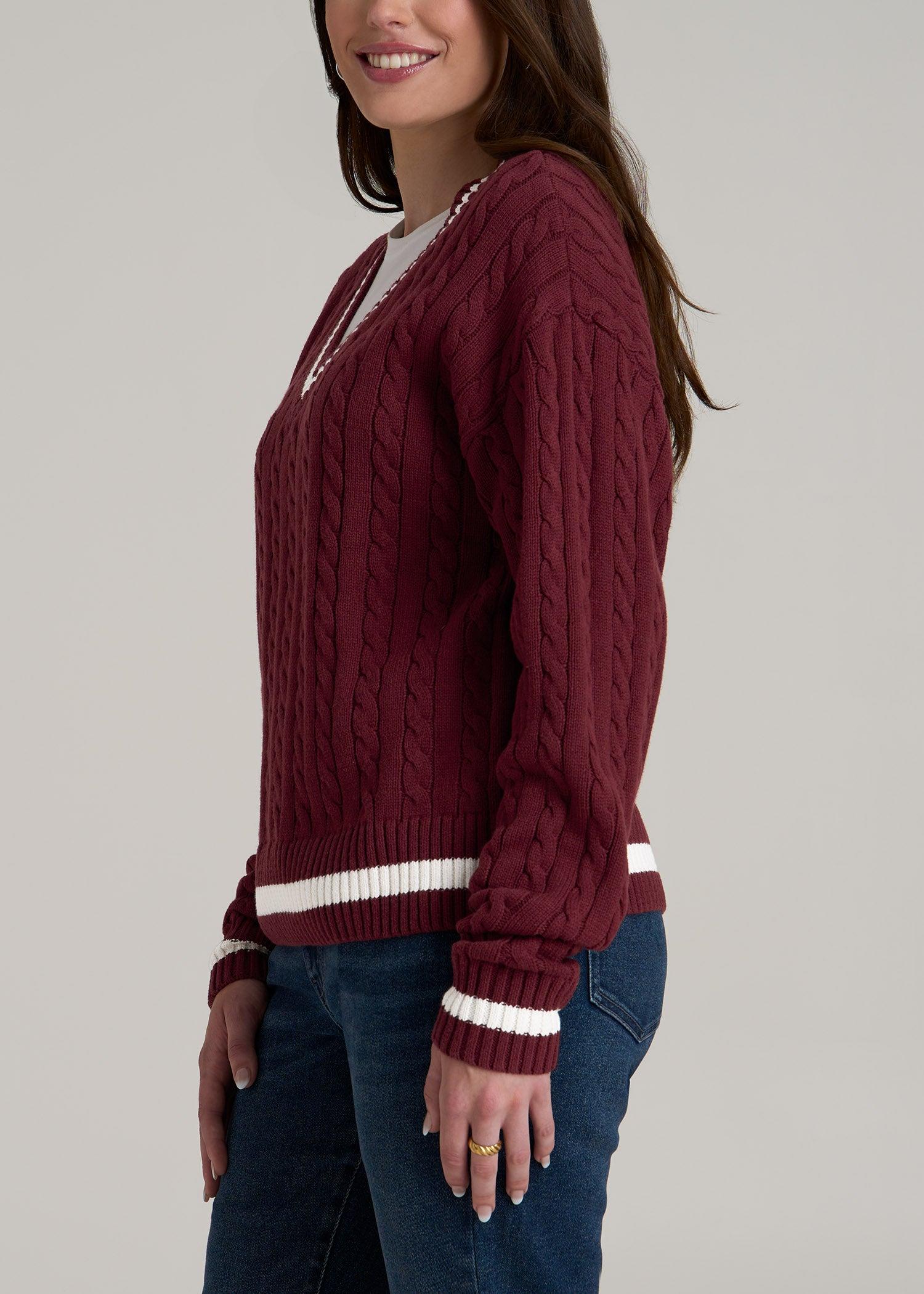 V-Neck Collegiate Sweater for Tall Women in Red Ochre and Winter White Female Product Image