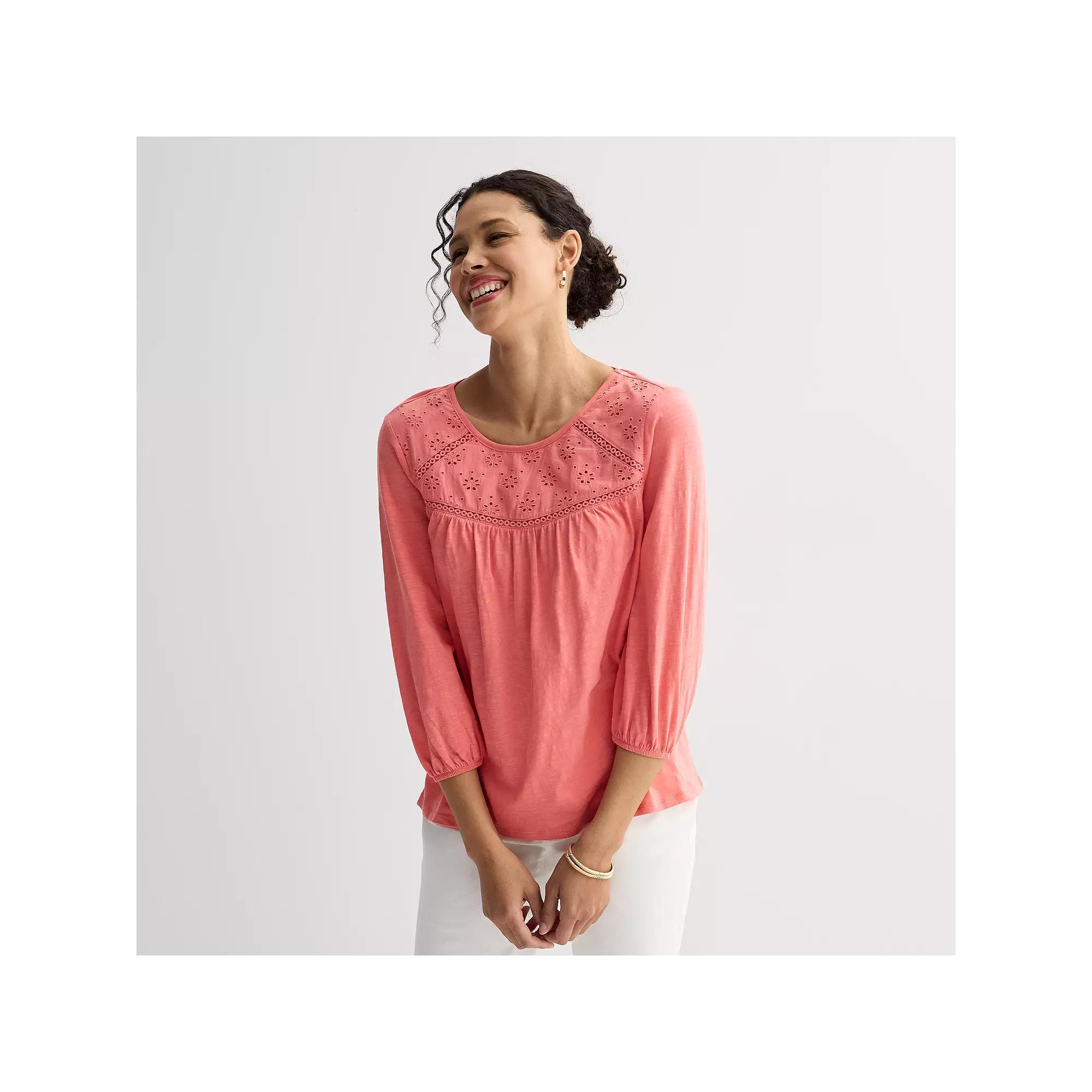 Women's Croft & Barrow® Three-Quarter Sleeve Eyelet Yoke Top, Size: Small, Blue Product Image