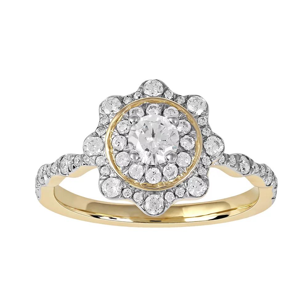 DeCouer 10k Gold 7/8 Carat T.W. Diamond Flower Double Halo Engagement Ring, Women's Product Image