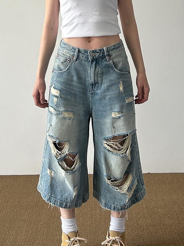 Vintage High Street Ripped Denim Shorts Product Image