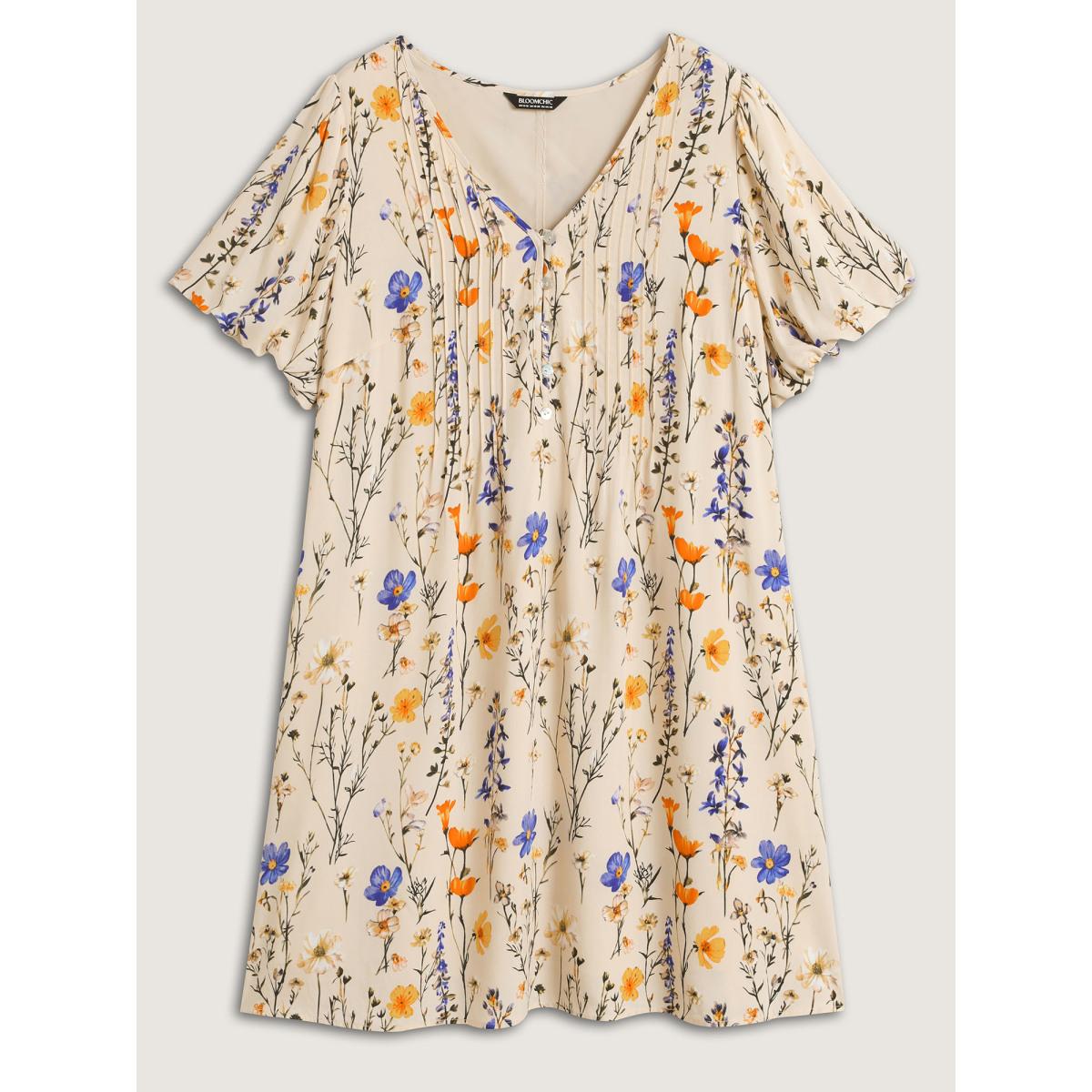 Plus Size Florals Everywhere Toothpick Pleat Midi Dress Champagne Women Timeless V-neck Short sleeve Curvy BloomChic 12/L Product Image