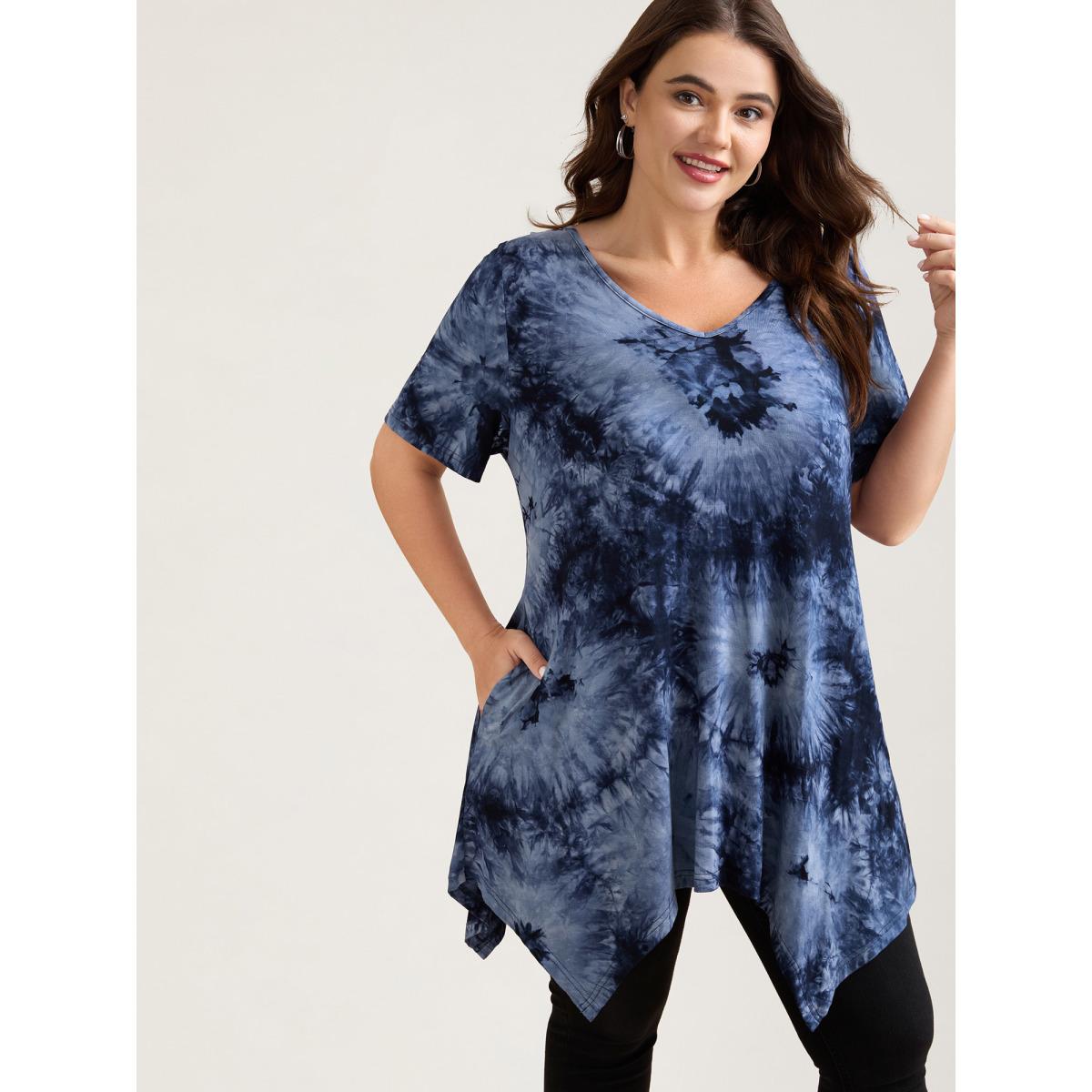 Plus Size Tie-Dye Stretchy Asymmetrical Hem T-Shirt Indigo Women Casual Asymmetrical V-neck Loose Everyday T-shirts BloomChic 10/M Product Image