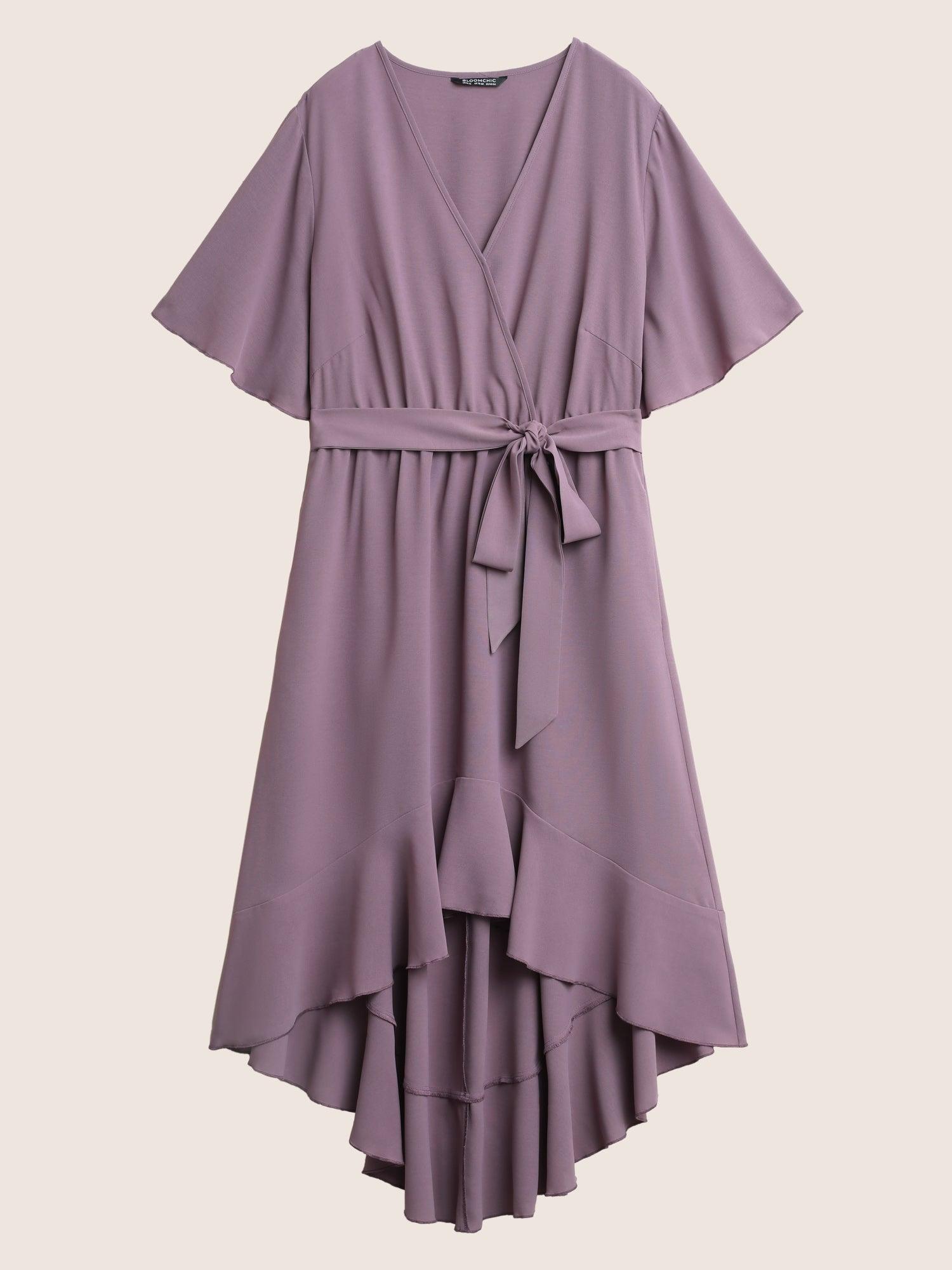 Bloom Dress - Solid Tie Surplice Ruffle High Low Dress Female Product Image