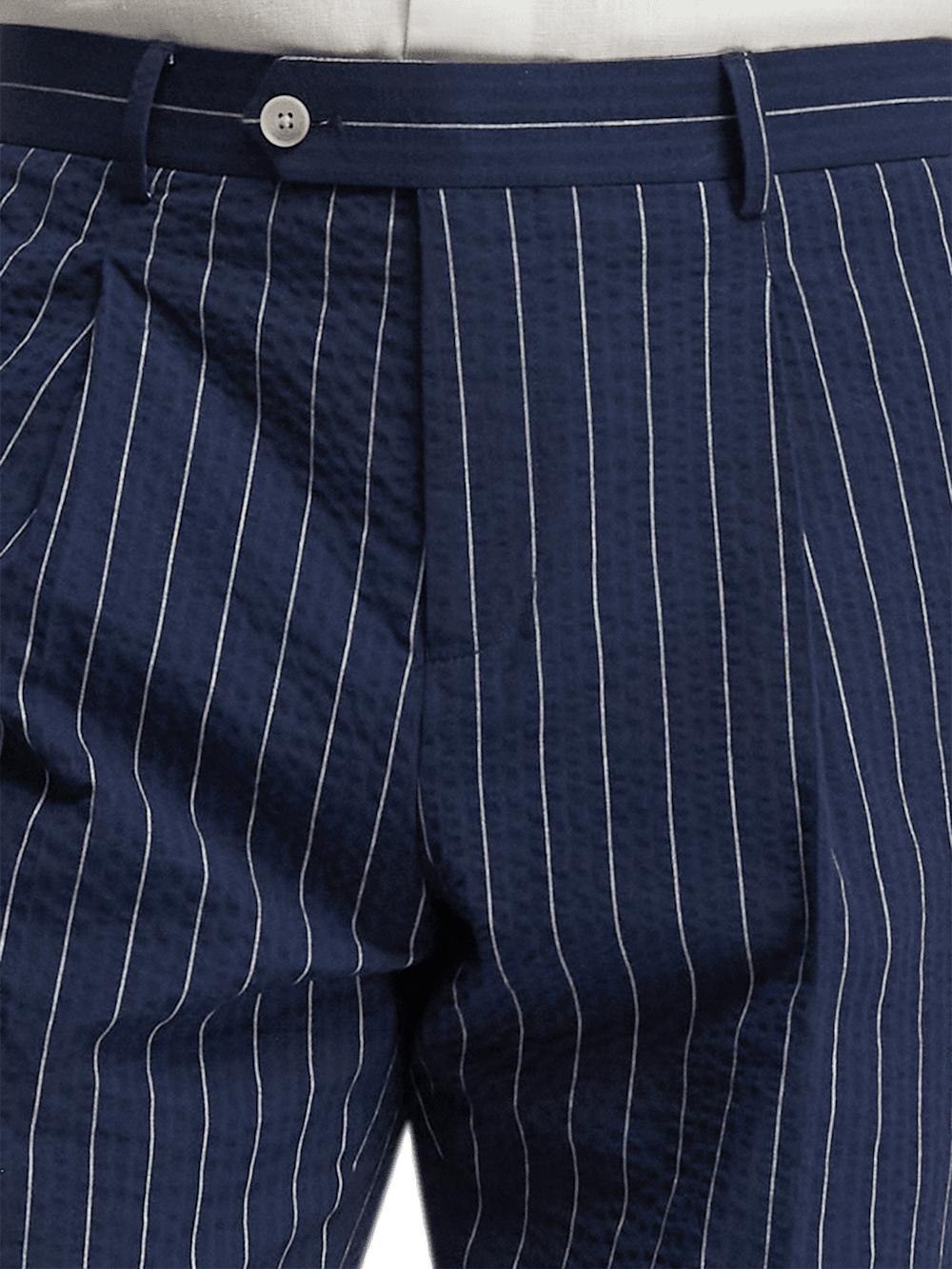 Cotton Stretch Pinstripe Seersucker Single Pleat Suit Pants - Navy Product Image