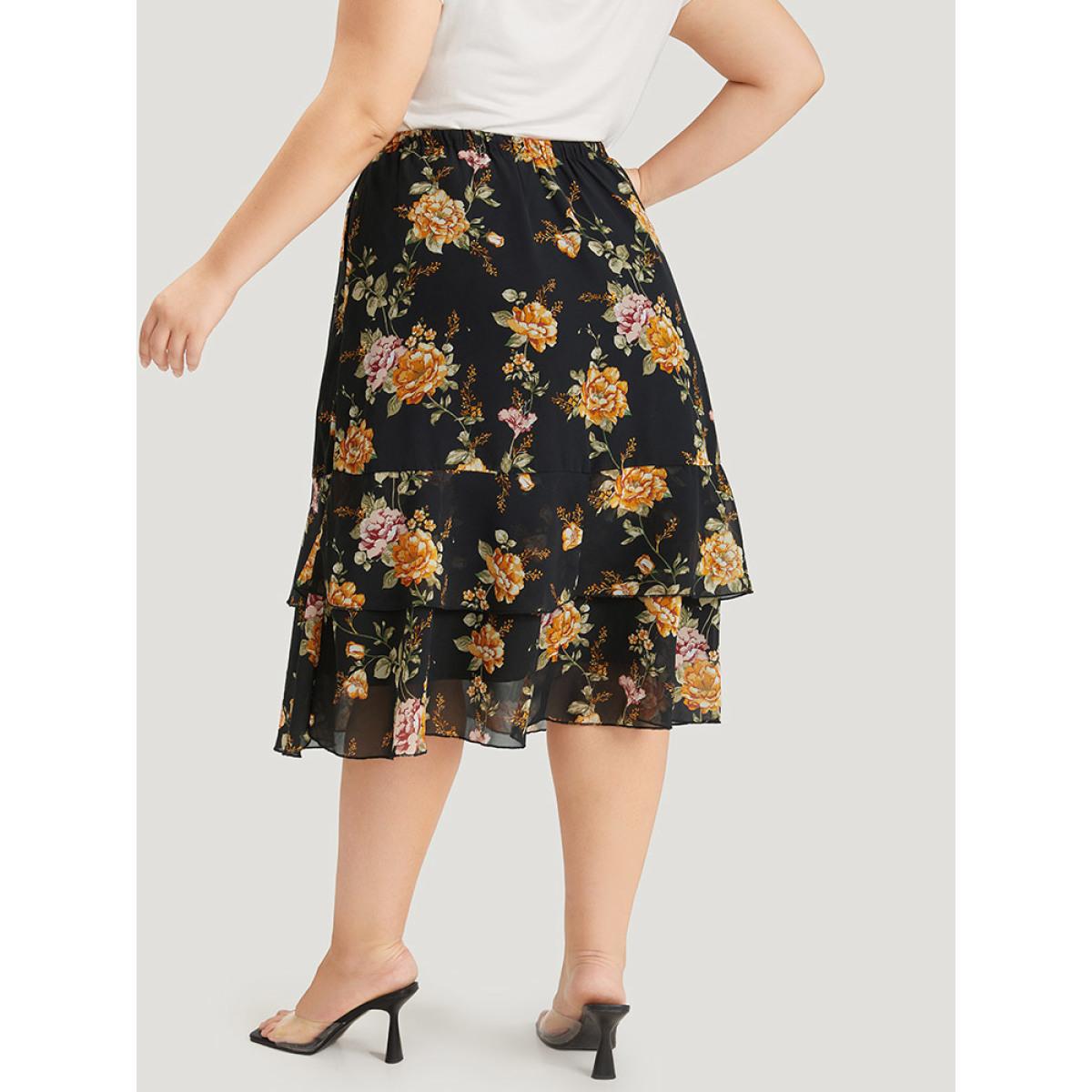 Plus Size Floral Printed Flutter Layered Skirt Women Black Elegant See through No stretch Pocket Dailywear Skirts BloomChic 12/L Product Image