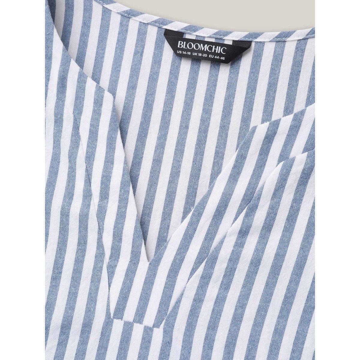 Plus Size Stone Striped Split Neck Flared Sleeve Shirt Women At the Office Elbow-length sleeve Notched collar Work Blouses BloomChic 18-20/2X Product Image