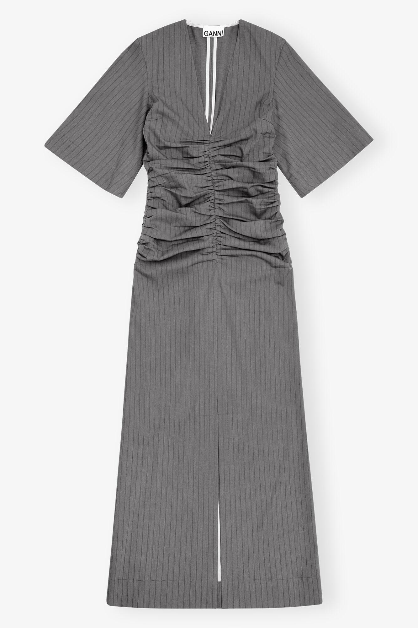 Grey Striped Suiting V-neck Fitted Dress Product Image